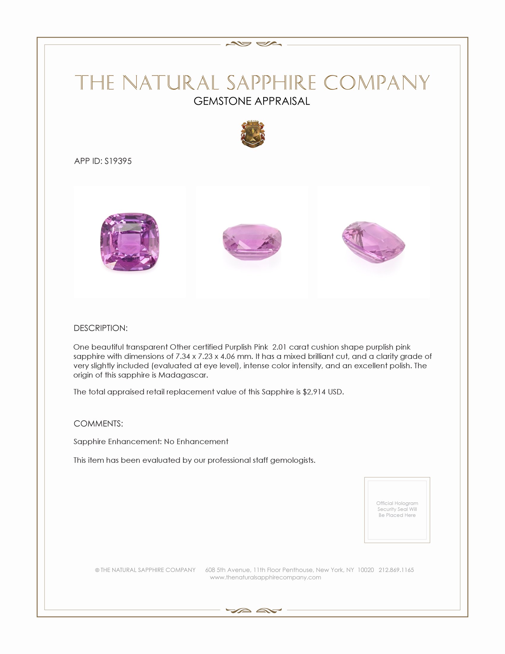 2.01 Ct. Purplish Pink Sapphire from Madagascar