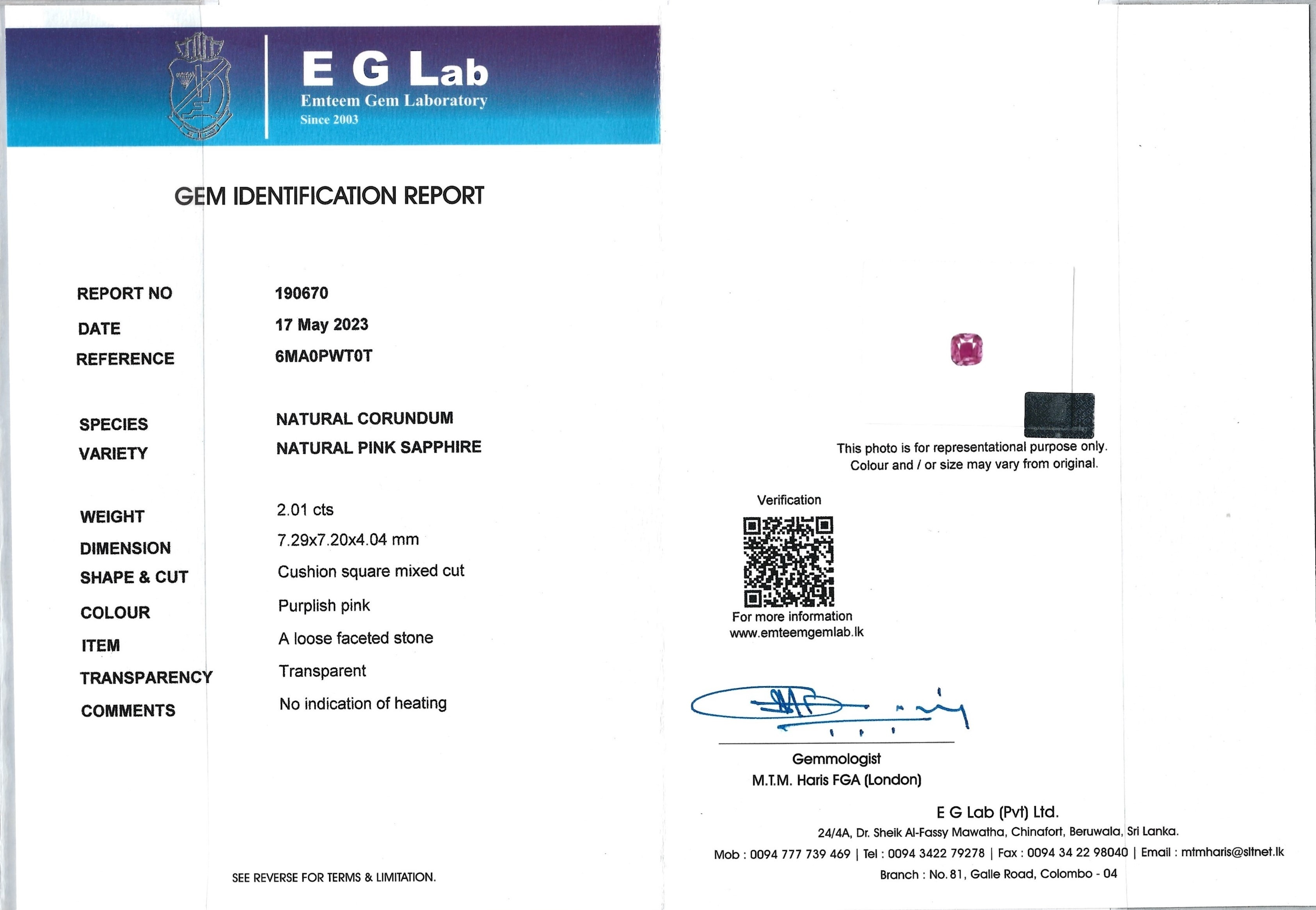 2.01 Ct. Purplish Pink Sapphire from Madagascar