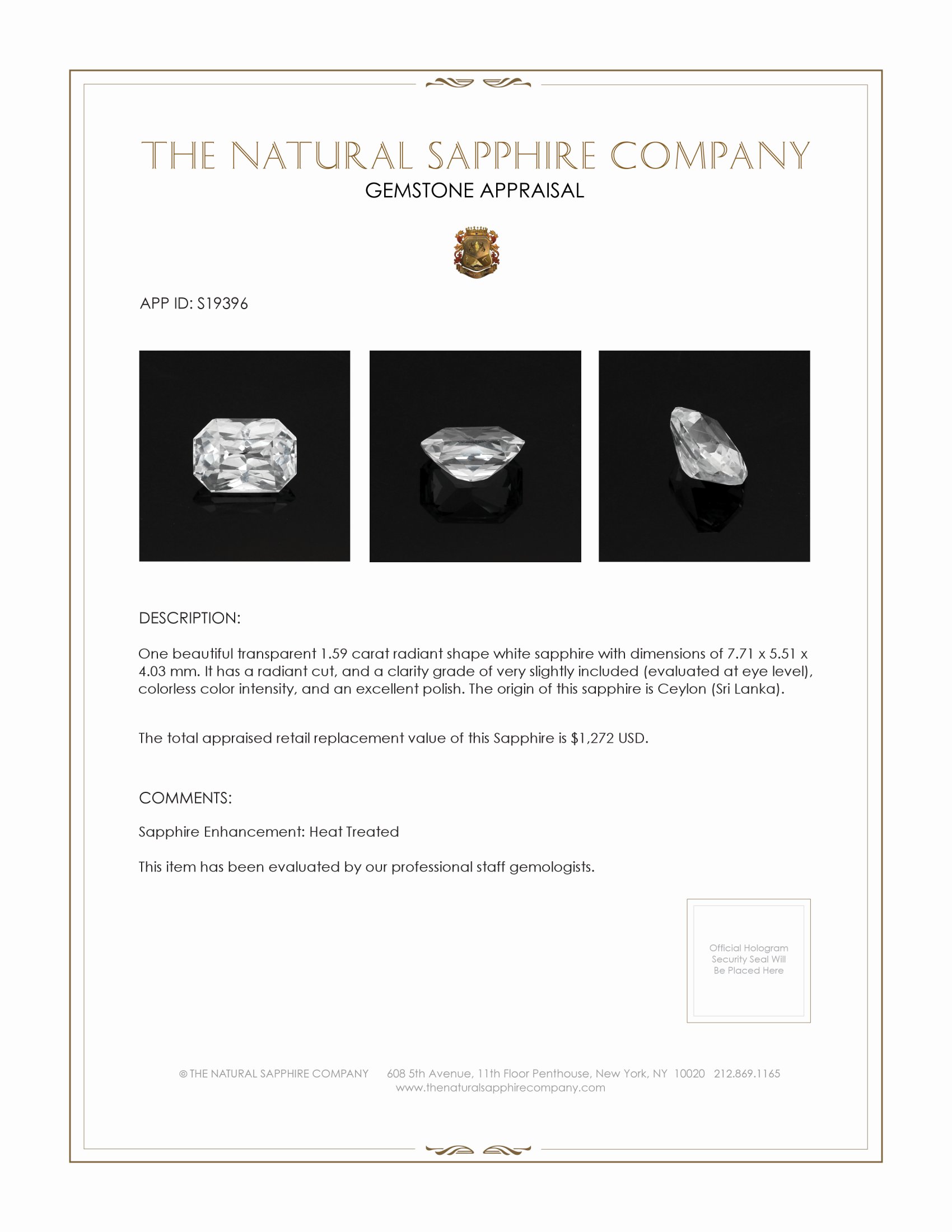 1.59 Ct. White Sapphire from Ceylon (Sri Lanka)