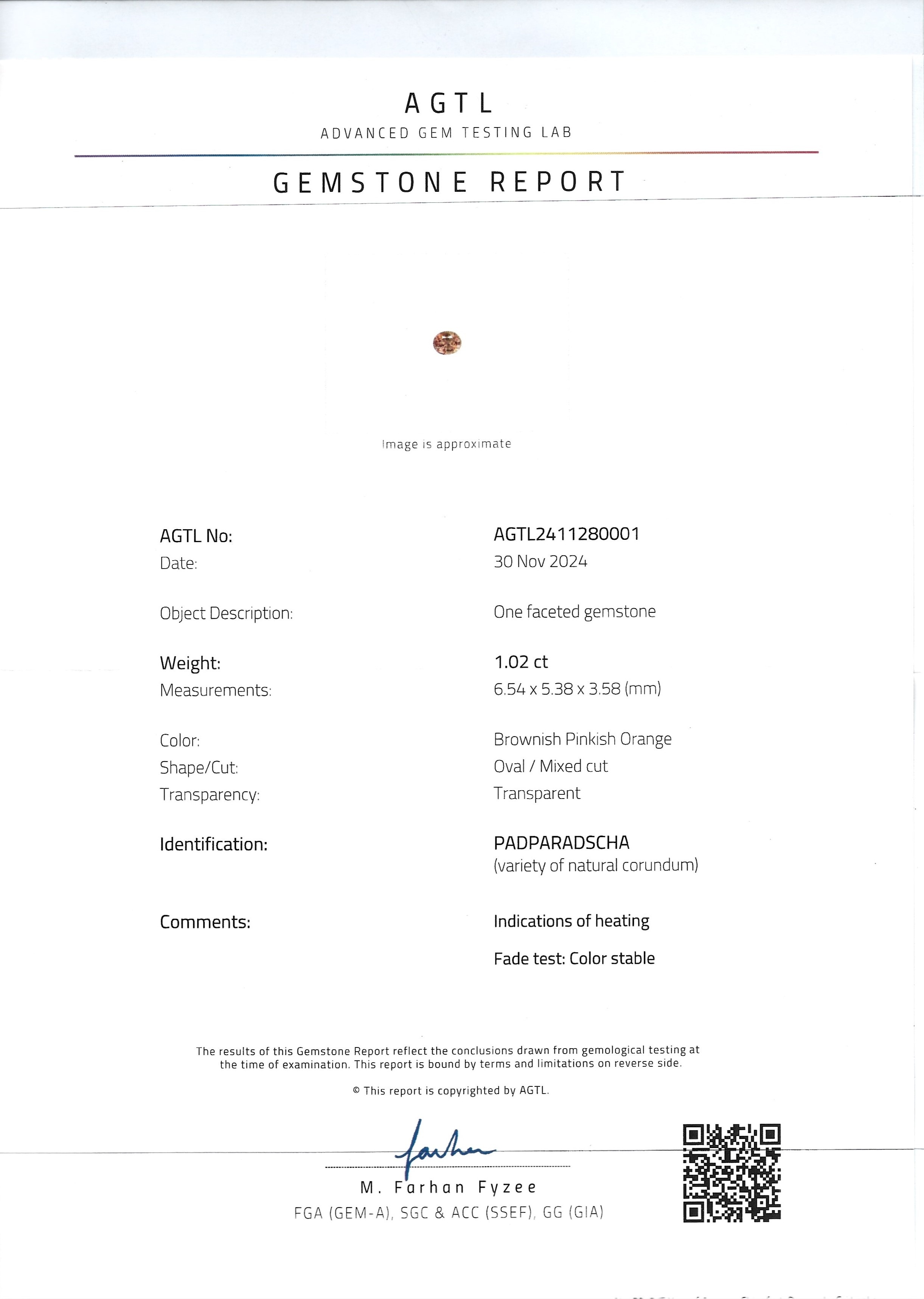 1.02 Ct. Padparadscha Sapphire from Ceylon (Sri Lanka)