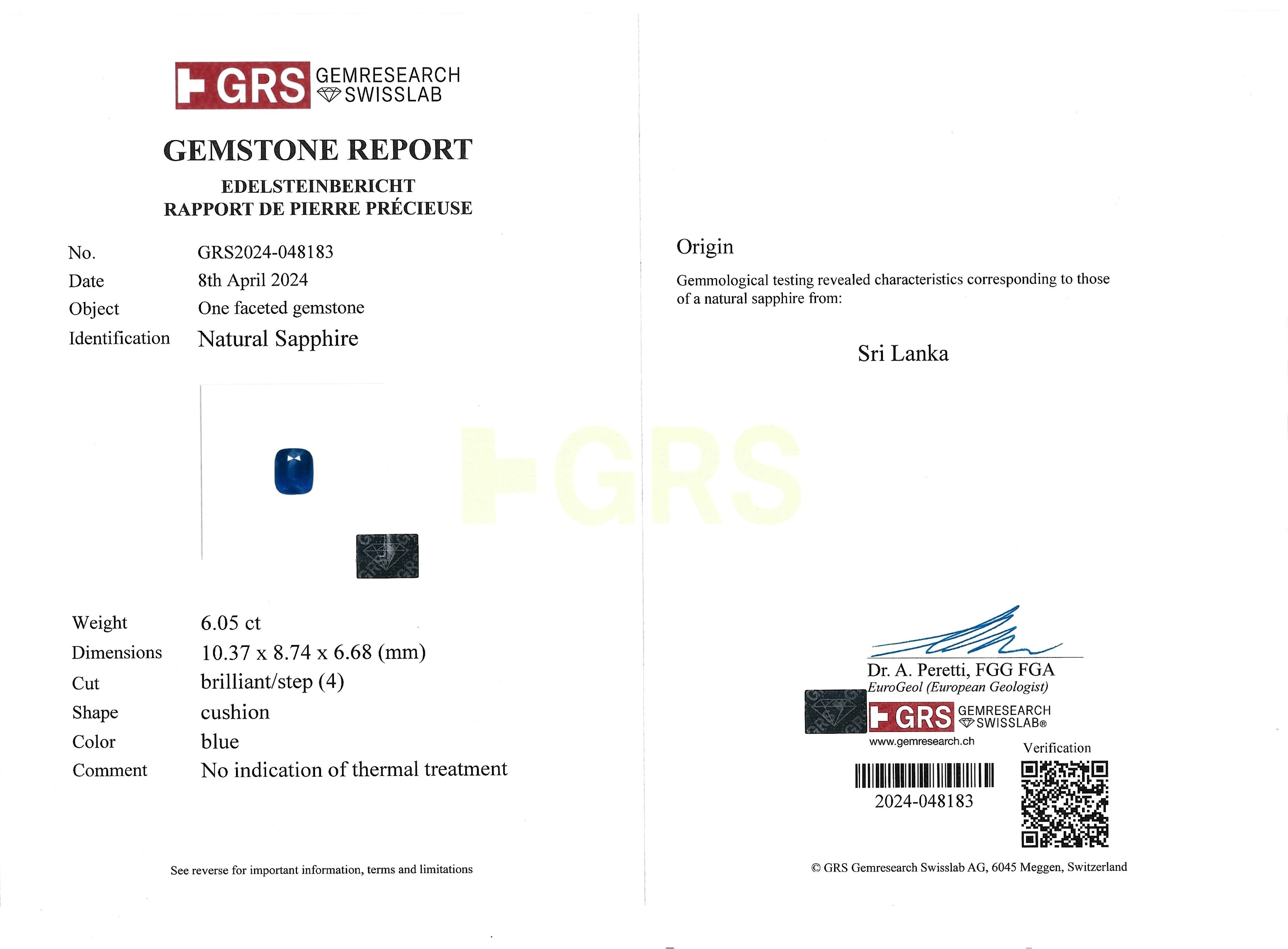 6.05 Ct. Blue Sapphire from Ceylon (Sri Lanka)