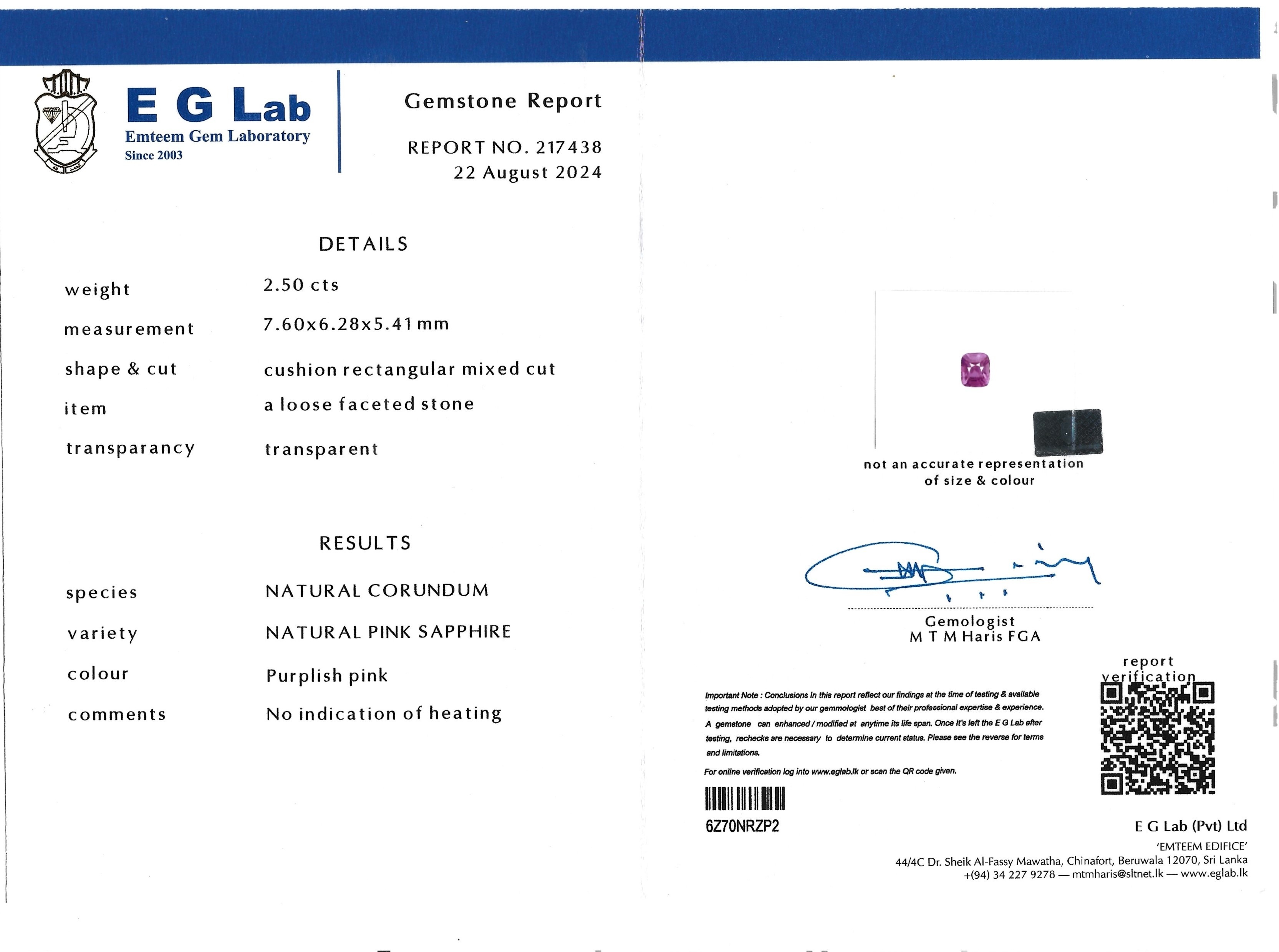 2.50 Ct. Purplish Pink Sapphire from Ceylon (Sri Lanka)