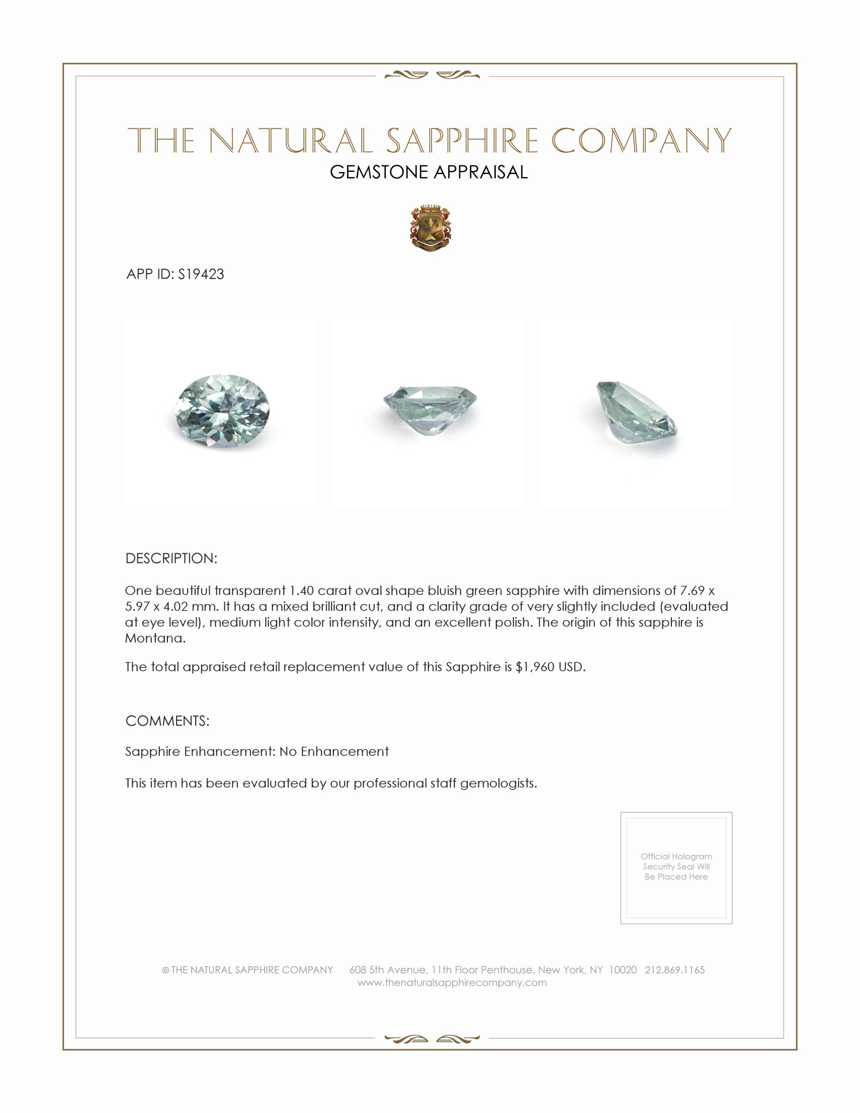 1.40 Ct. Bluish Green Sapphire from Montana