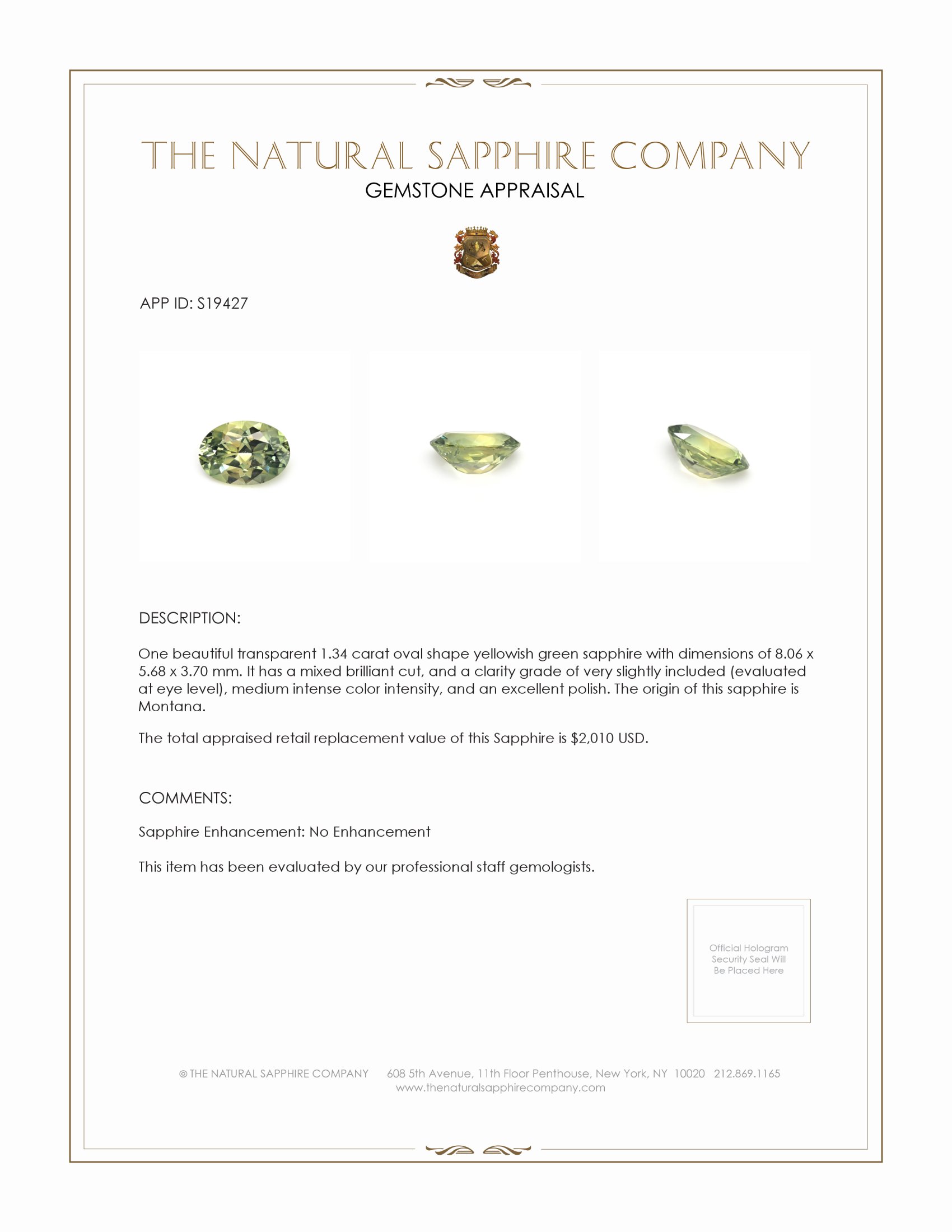 1.34 Ct. Yellowish Green Sapphire from Montana