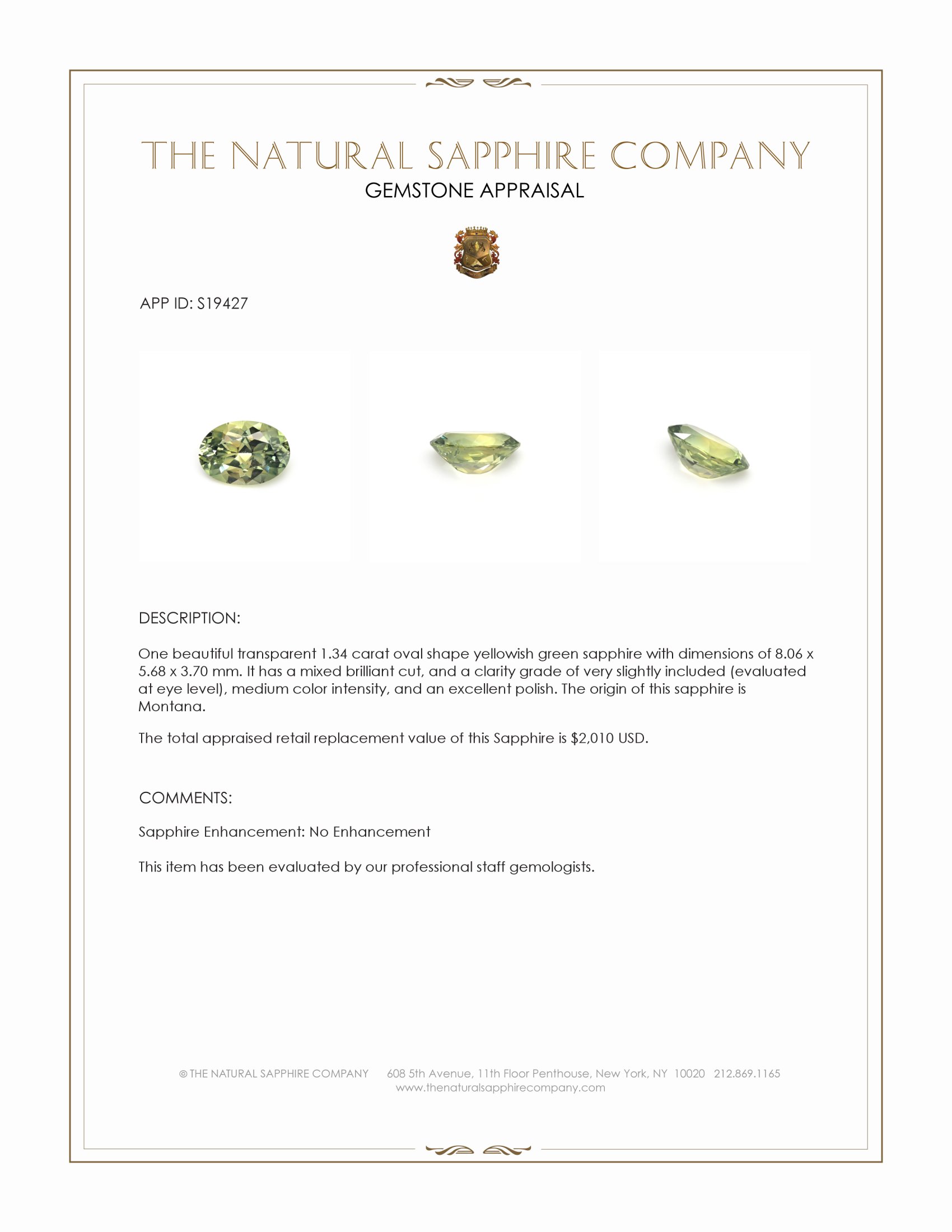1.34 Ct. Yellowish Green Sapphire from Montana