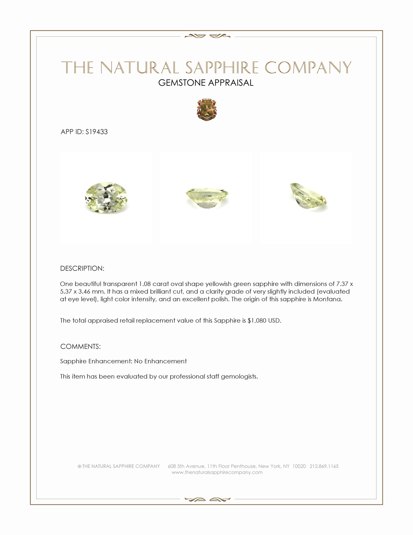 1.08 Ct. Yellowish Green Sapphire from Montana