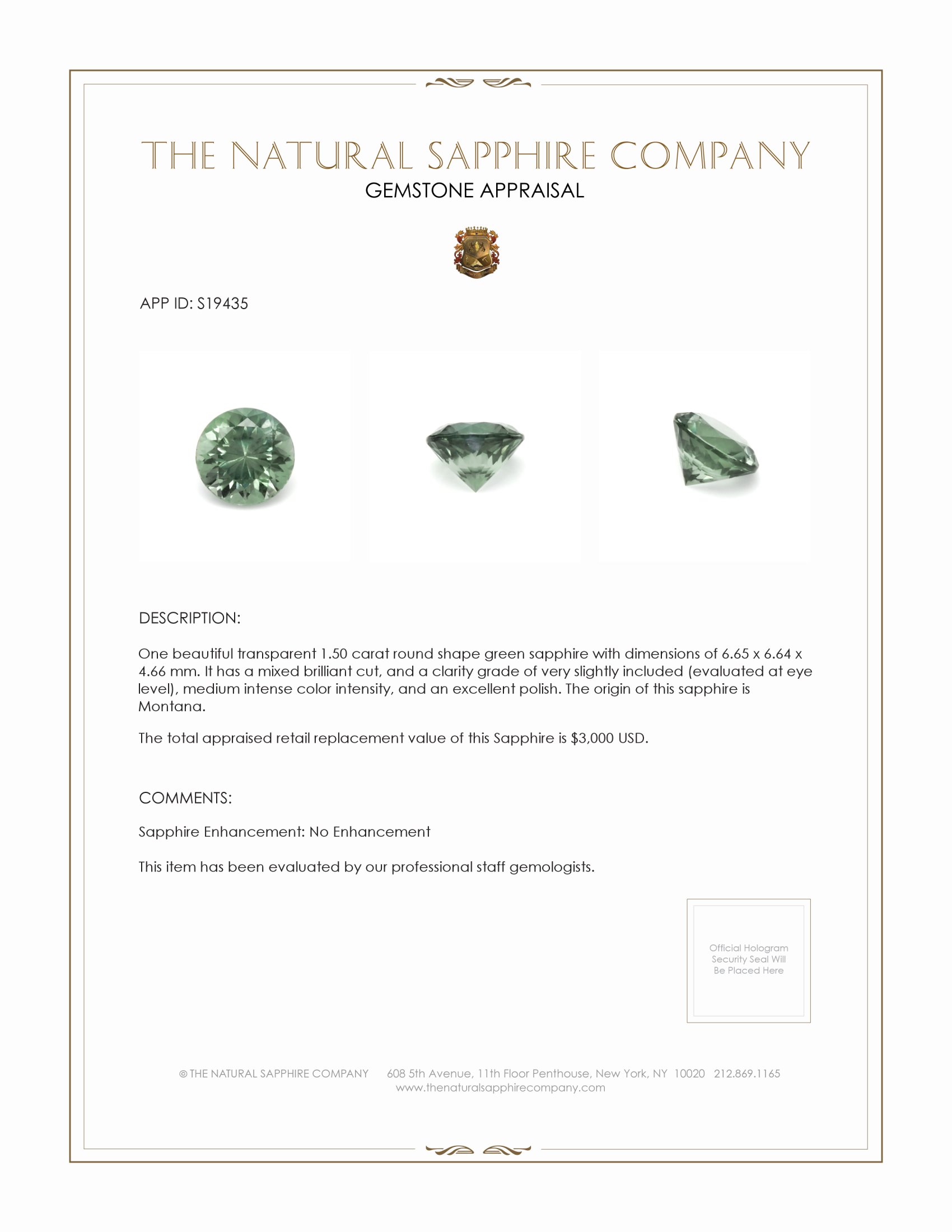 1.50 Ct. Green Sapphire from Montana