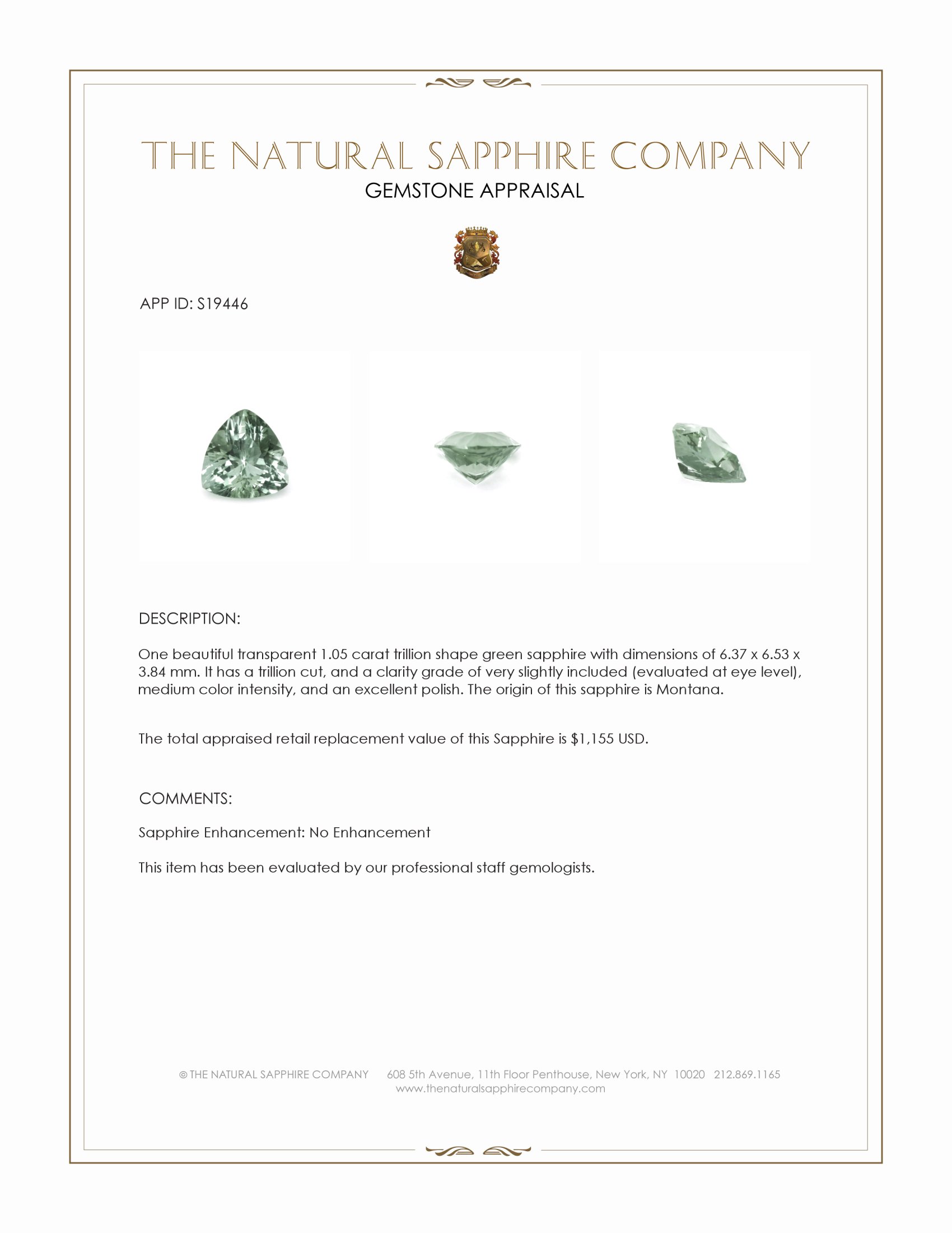 1.05 Ct. Green Sapphire from Montana