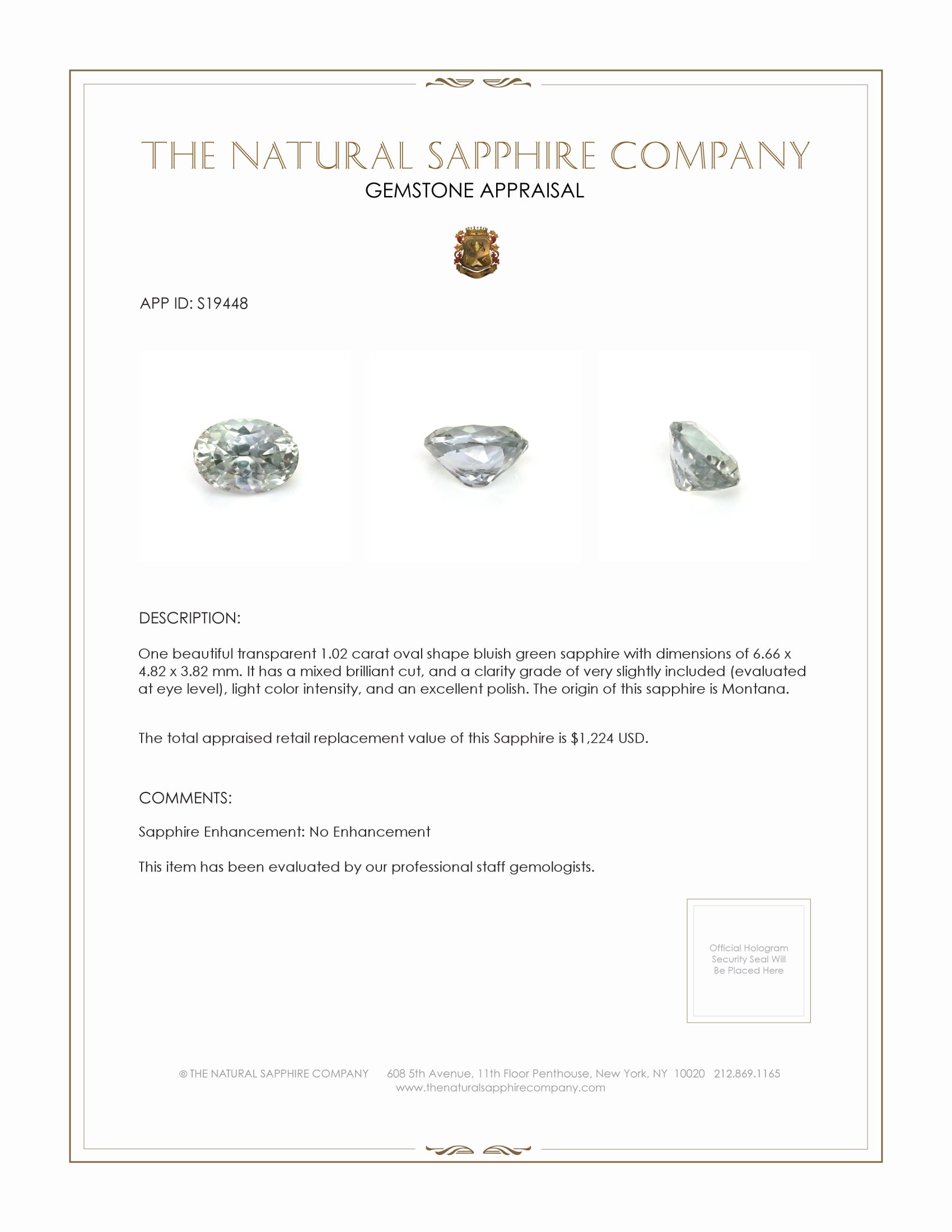 1.02 Ct. Bluish Green Sapphire from Montana