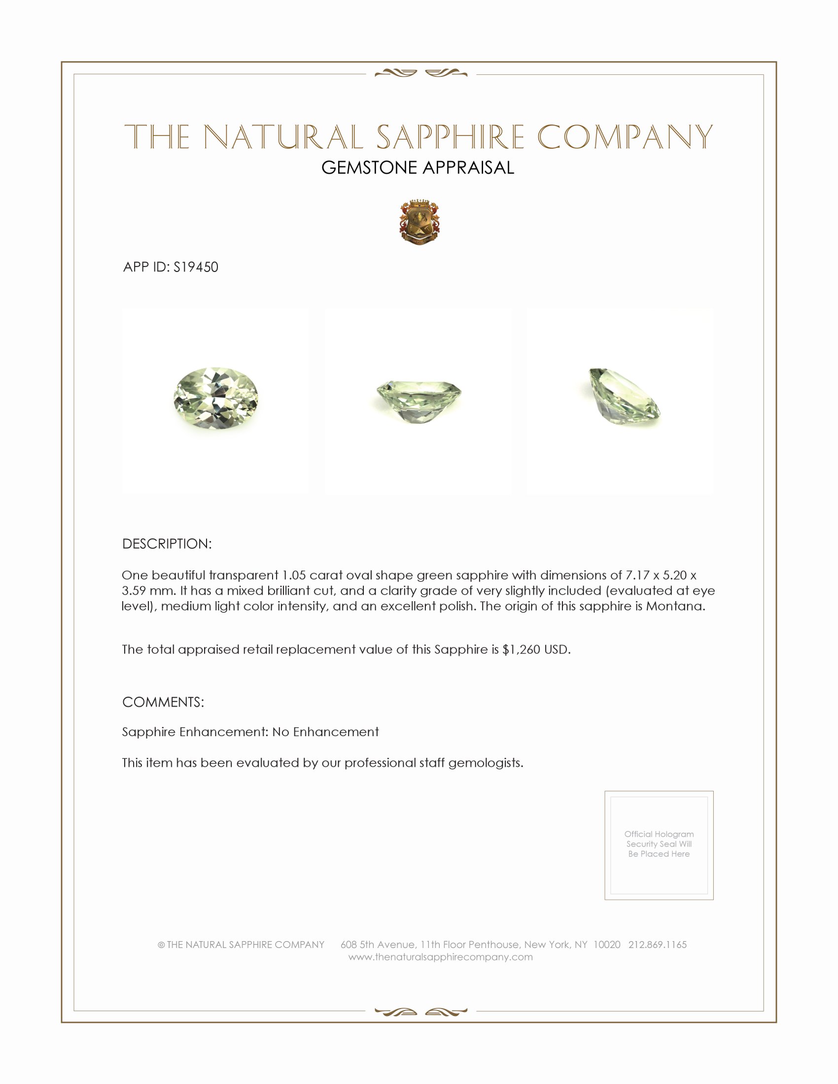1.05 Ct. Green Sapphire from Montana