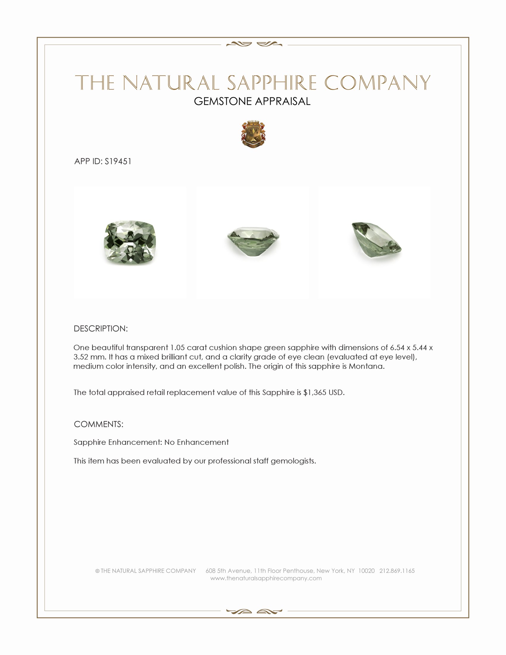 1.05 Ct. Green Sapphire from Montana