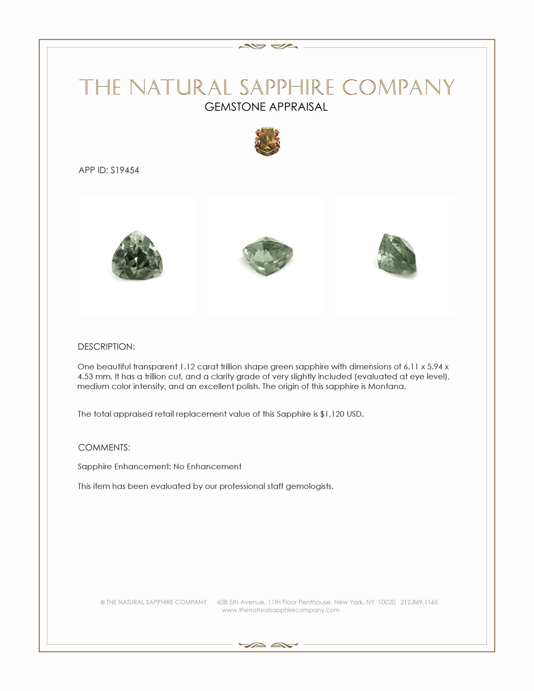 1.12 Ct. Green Sapphire from Montana