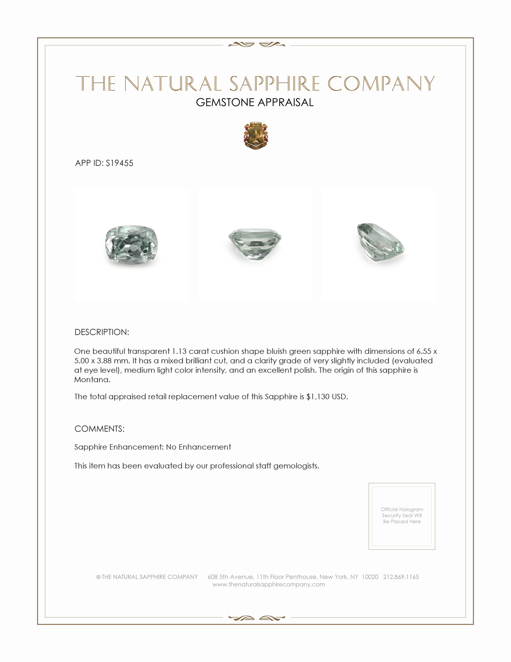 1.13 Ct. Bluish Green Sapphire from Montana