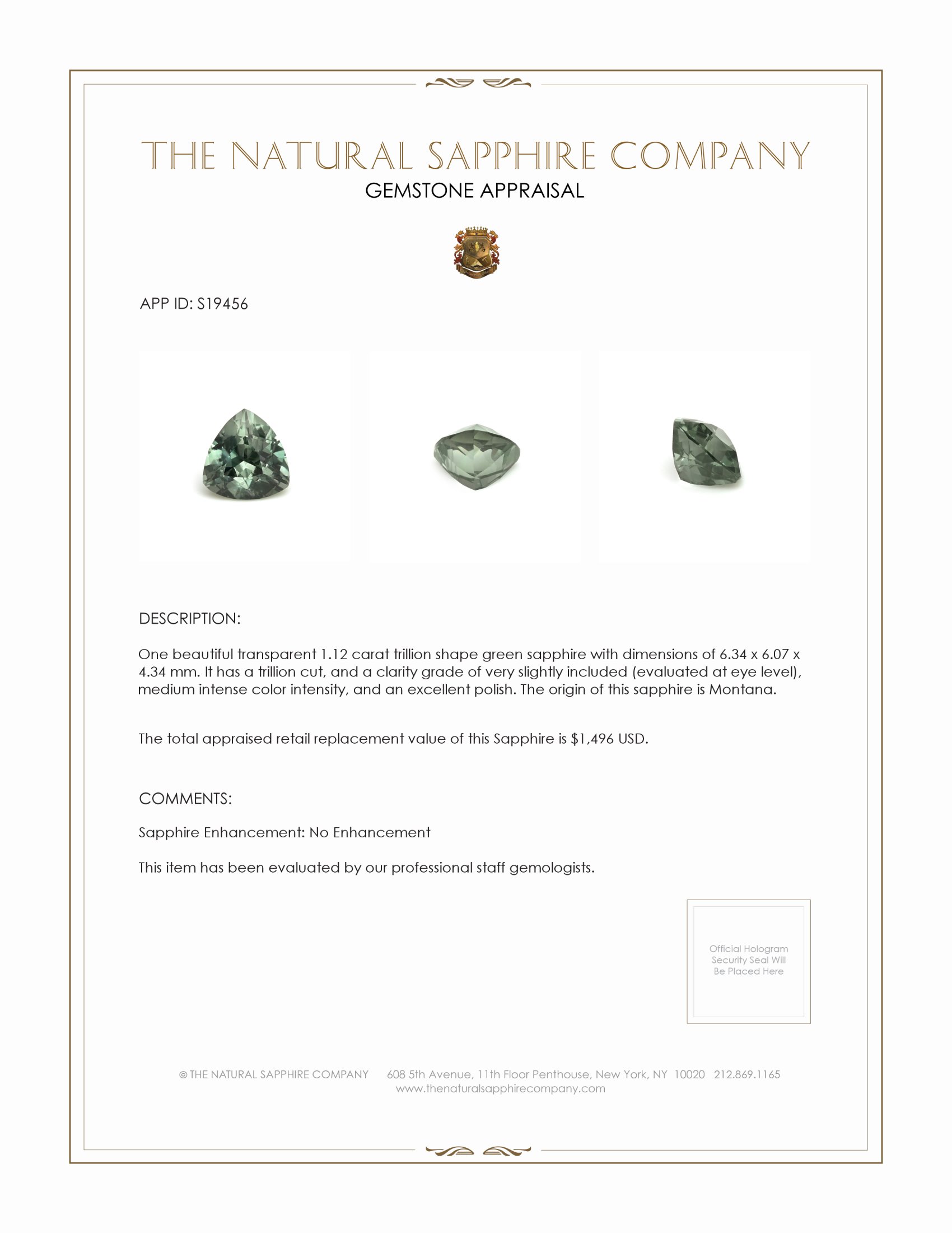 1.12 Ct. Green Sapphire from Montana