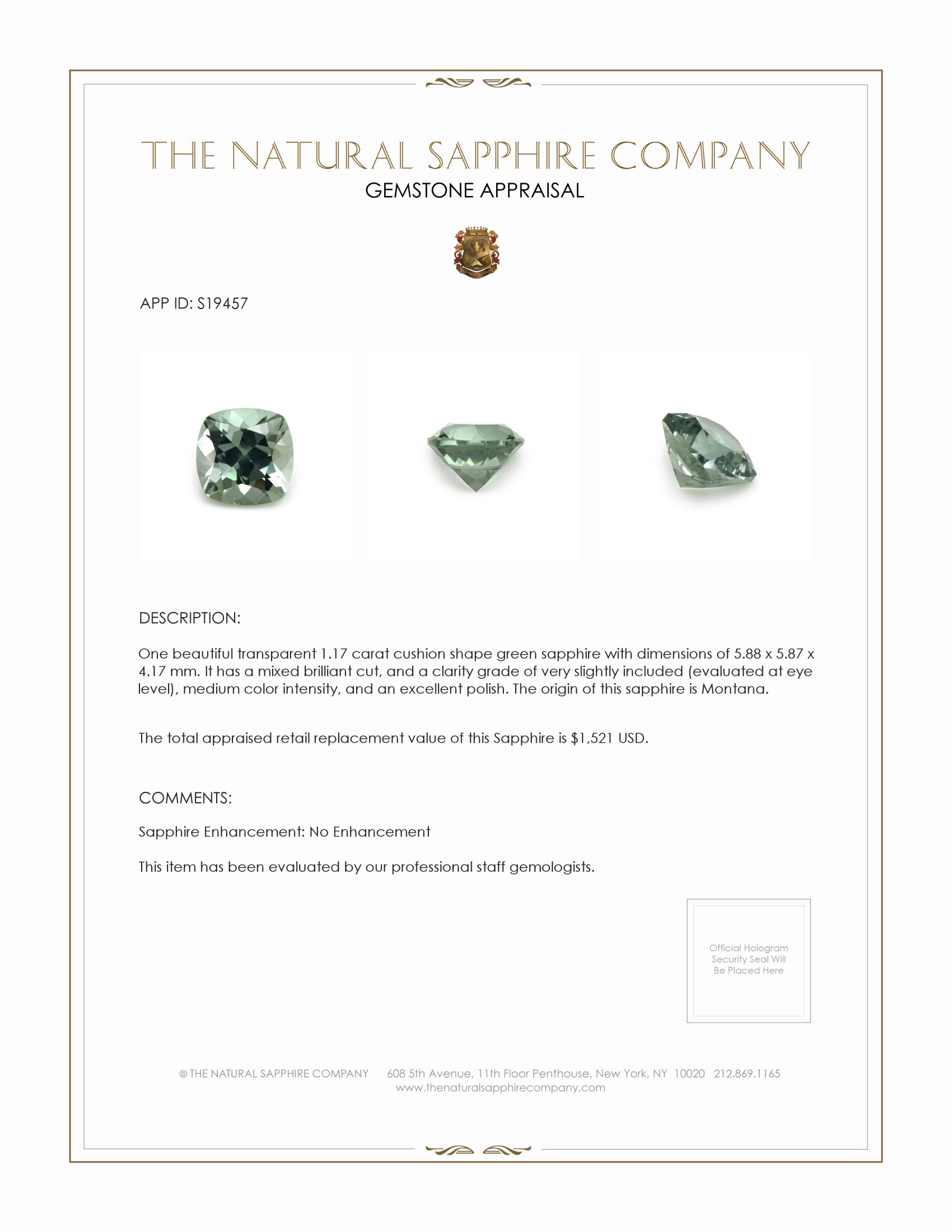 1.17 Ct. Green Sapphire from Montana