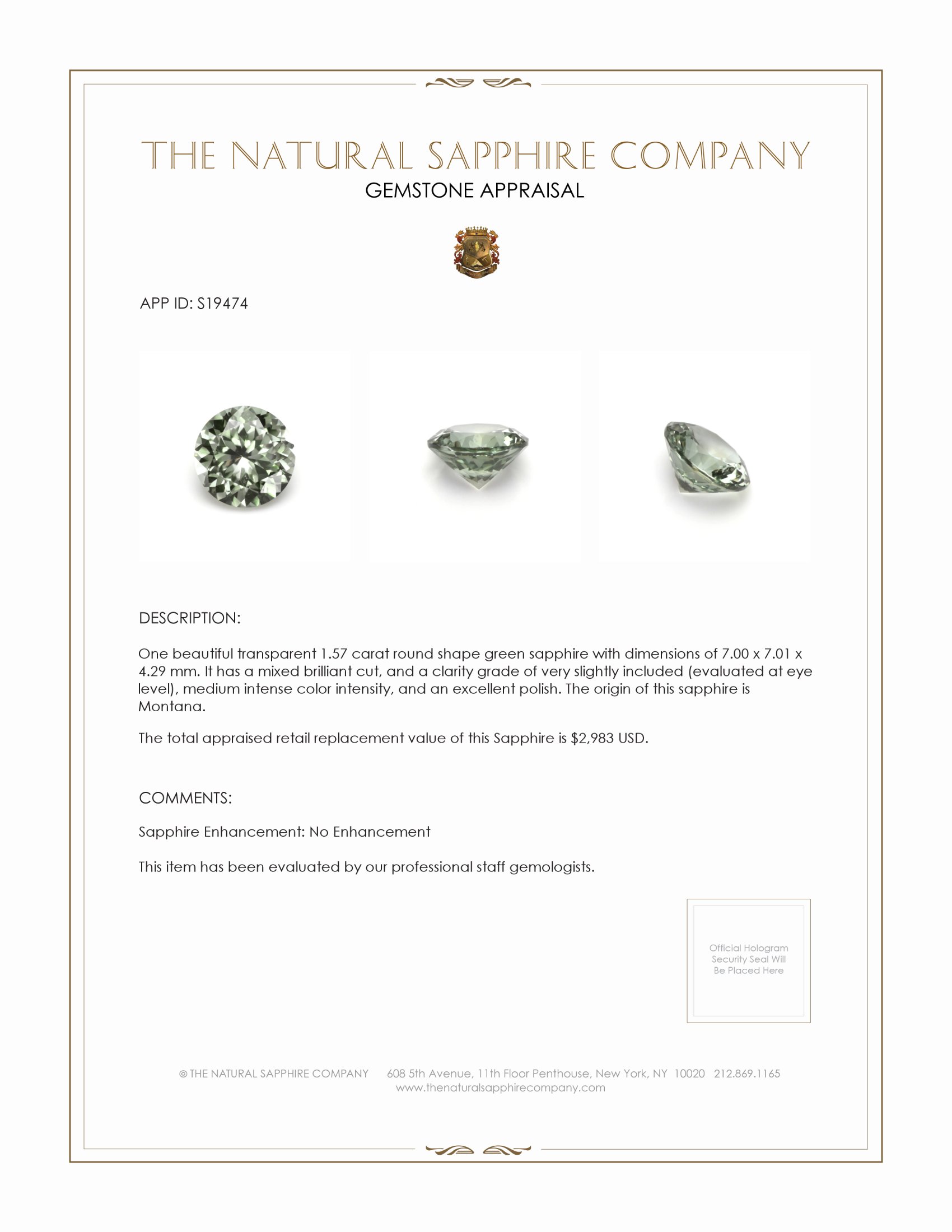 1.57 Ct. Green Sapphire from Montana