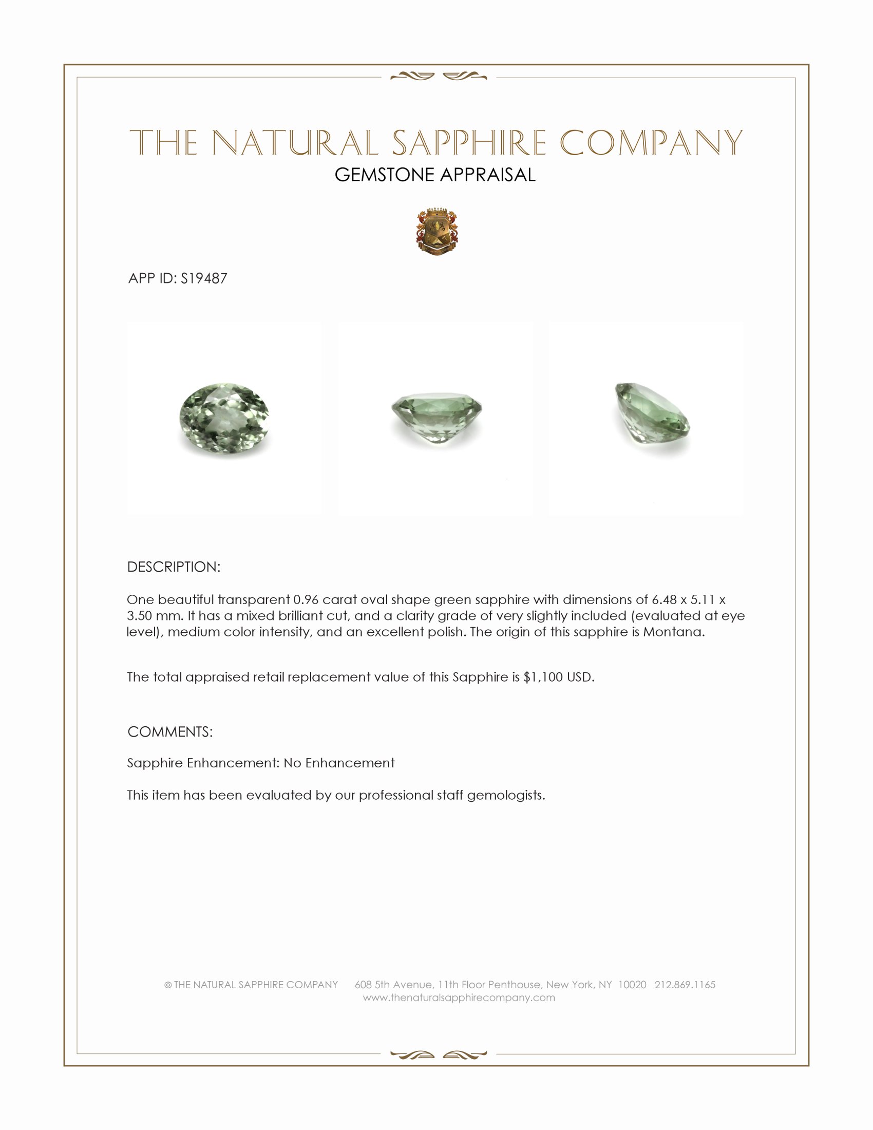 0.96 Ct. Green Sapphire from Montana