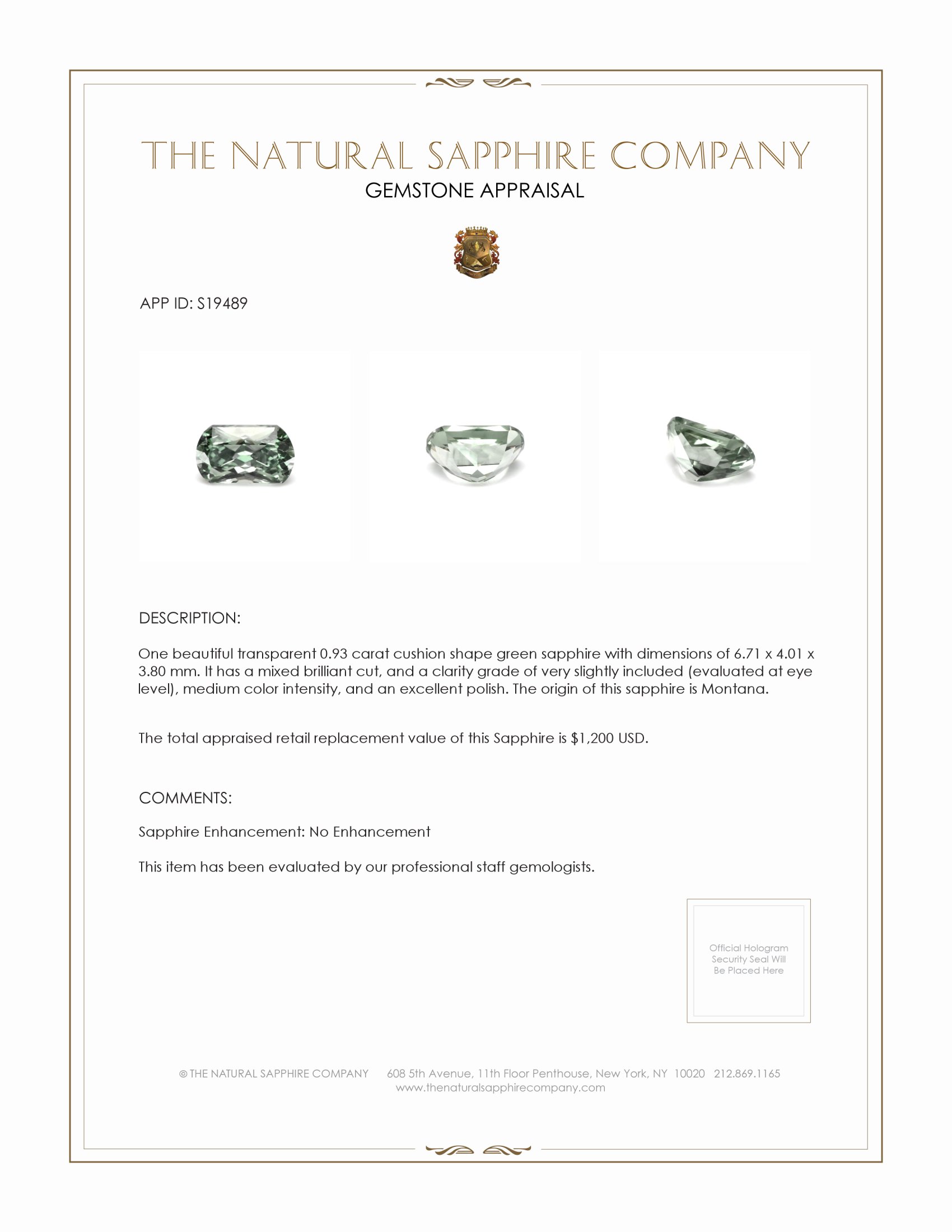 0.93 Ct. Green Sapphire from Montana