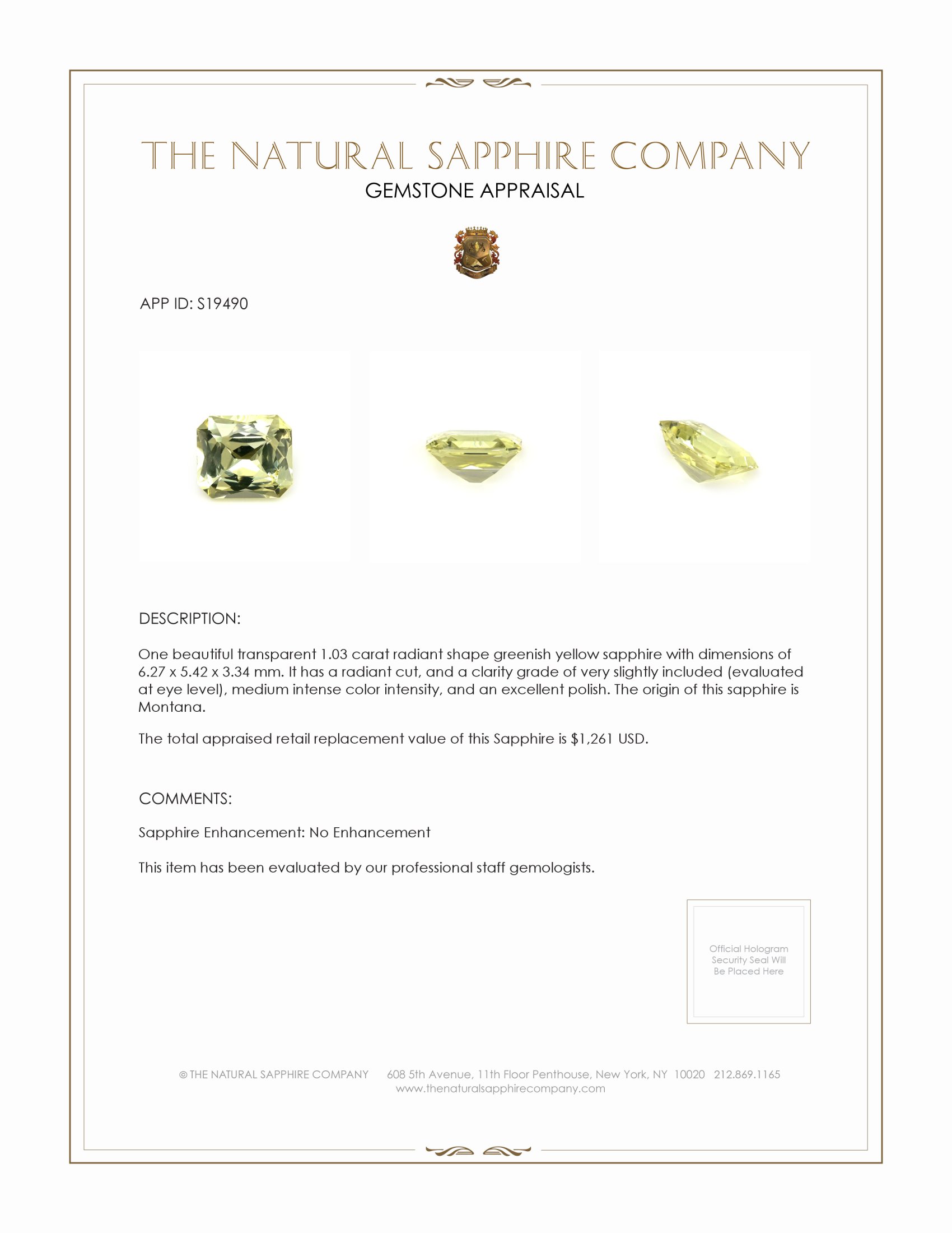 1.03 Ct. Greenish Yellow Sapphire from Montana