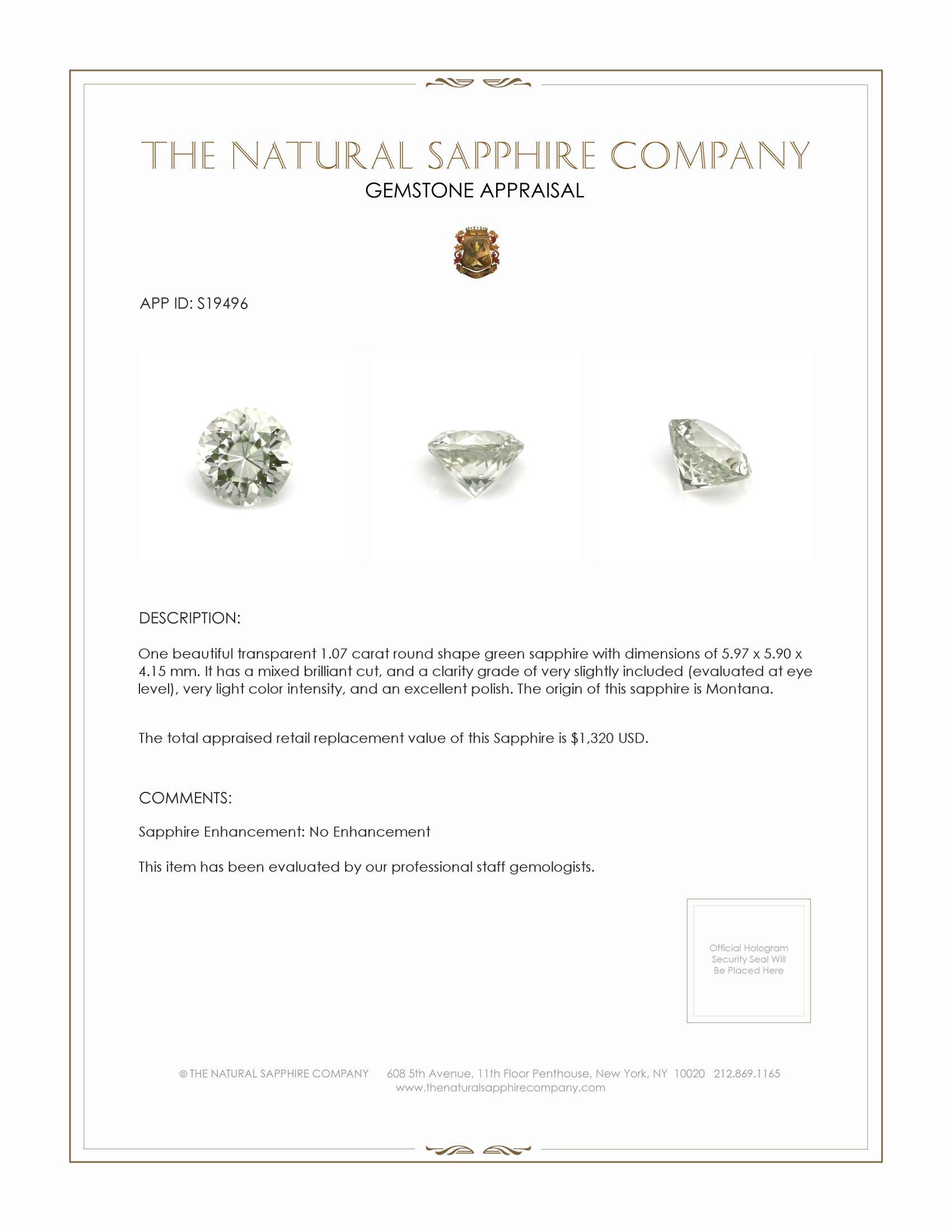 1.07 Ct. Green Sapphire from Montana