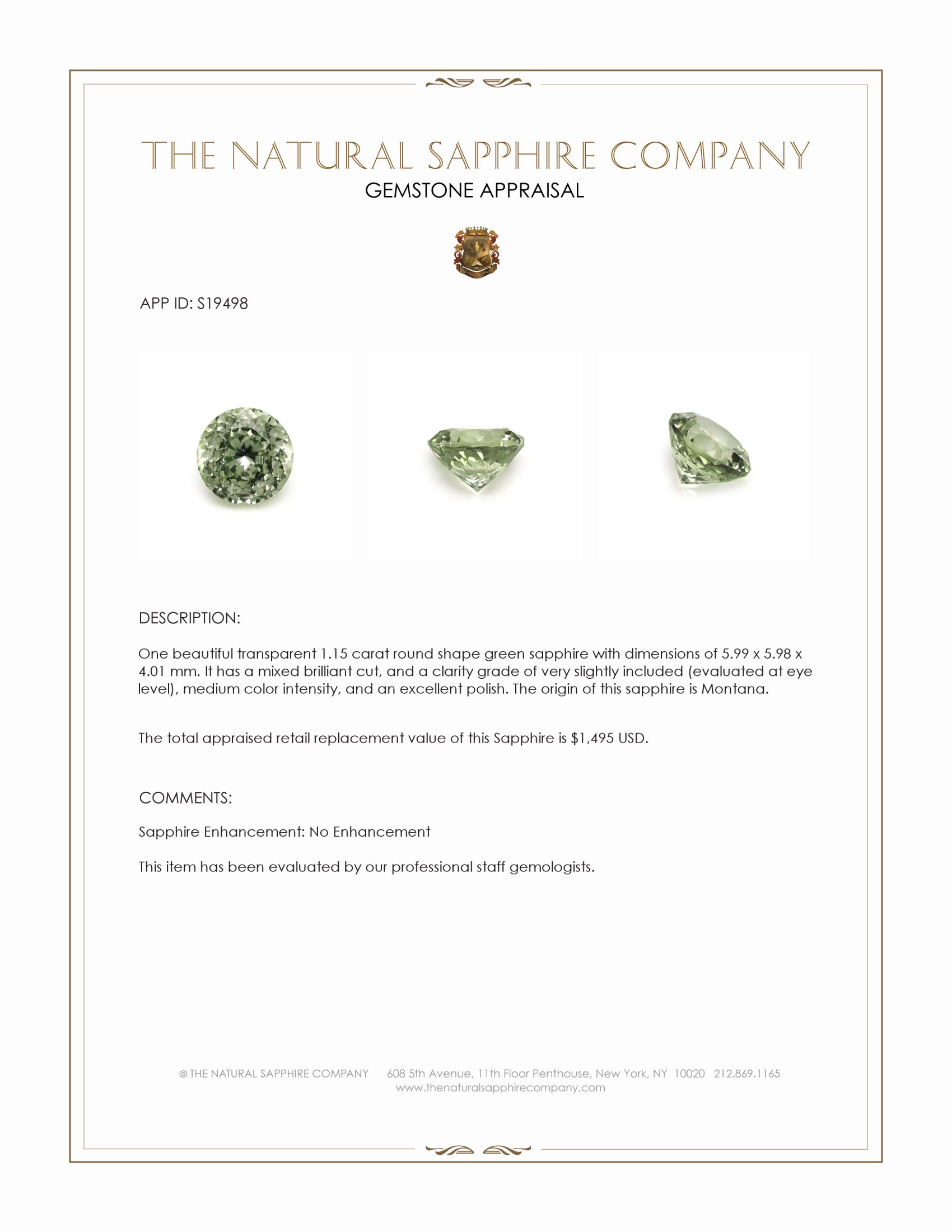 1.15 Ct. Green Sapphire from Montana