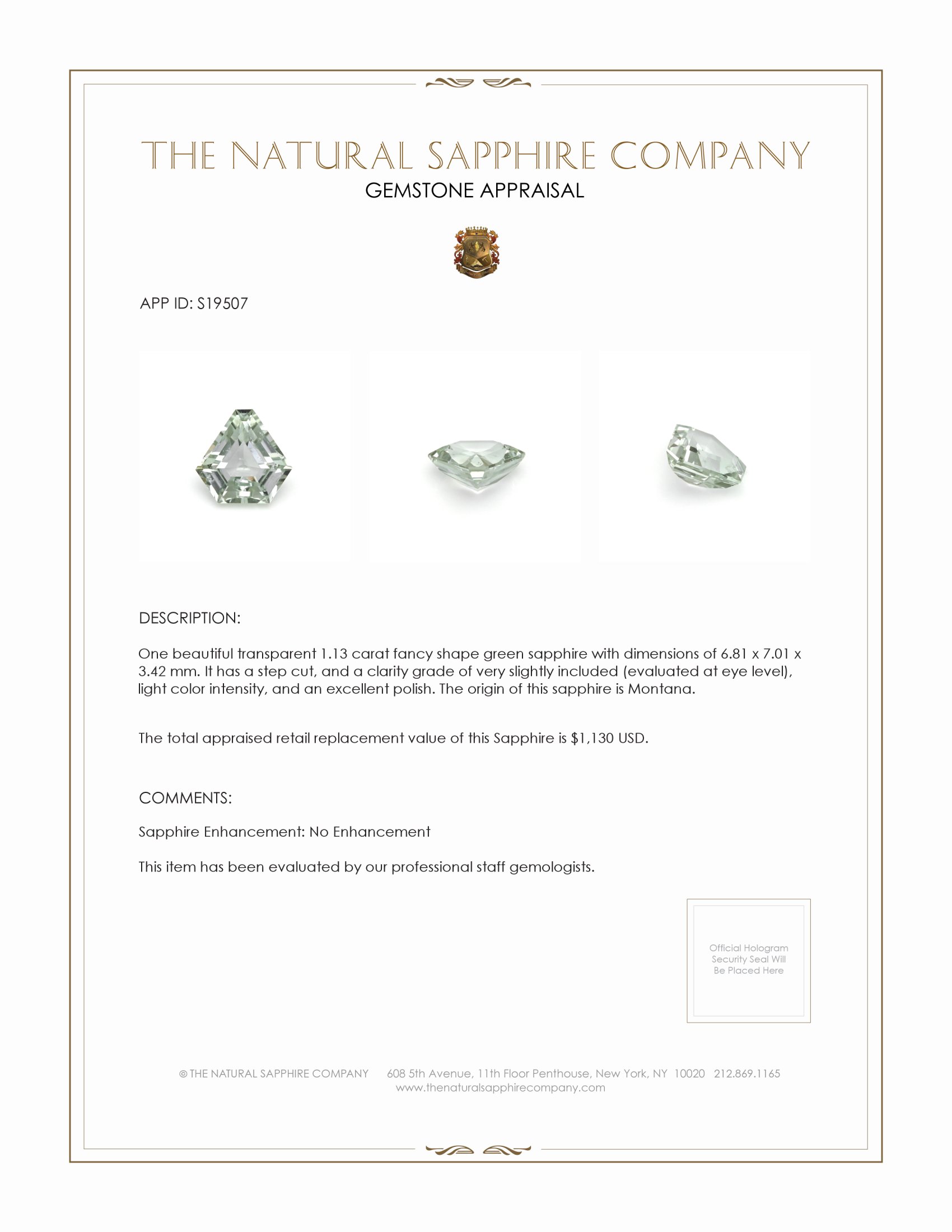 1.13 Ct. Green Sapphire from Montana