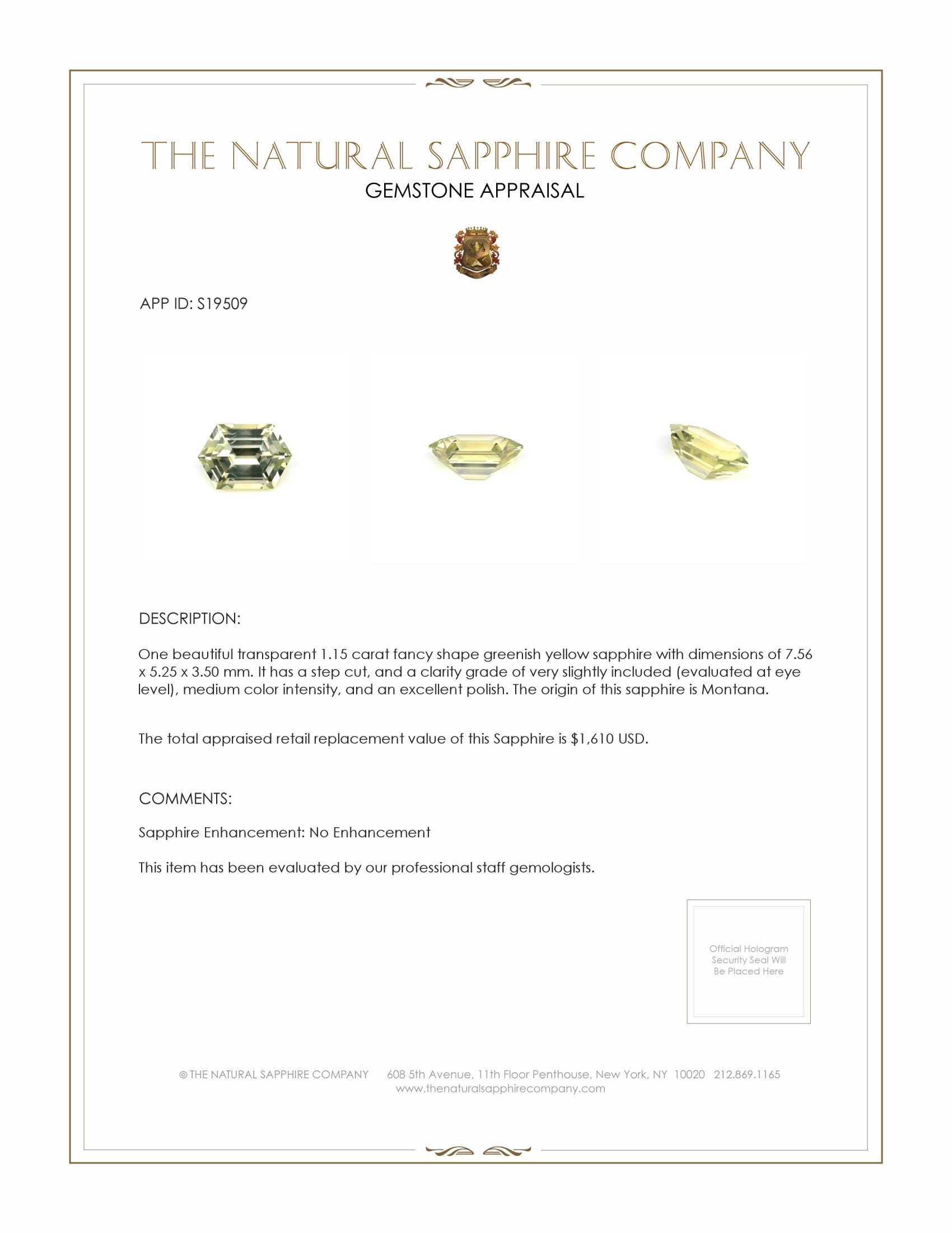 1.15 Ct. Greenish Yellow Sapphire from Montana