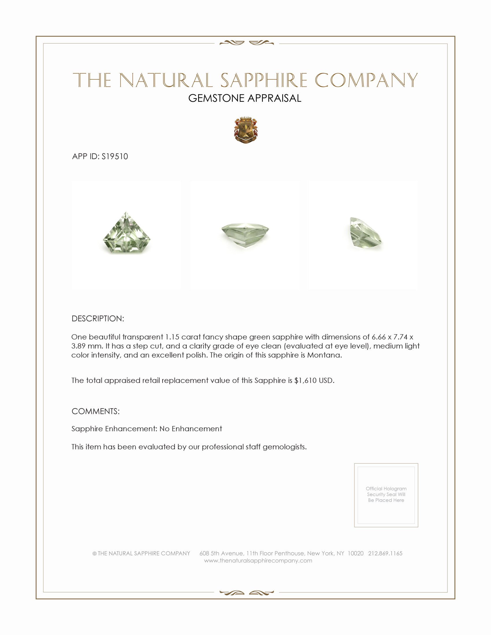 1.15 Ct. Green Sapphire from Montana