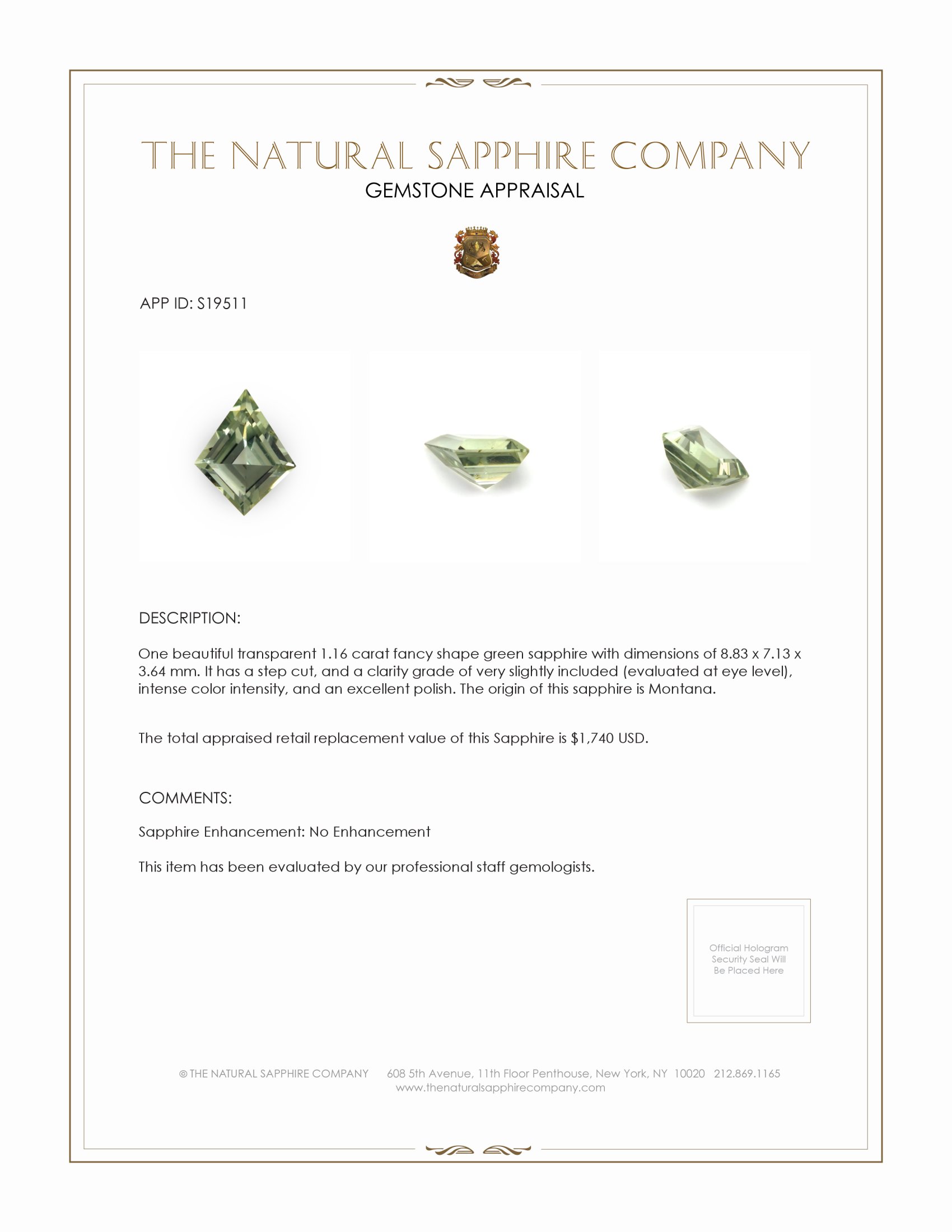 1.16 Ct. Green Sapphire from Montana