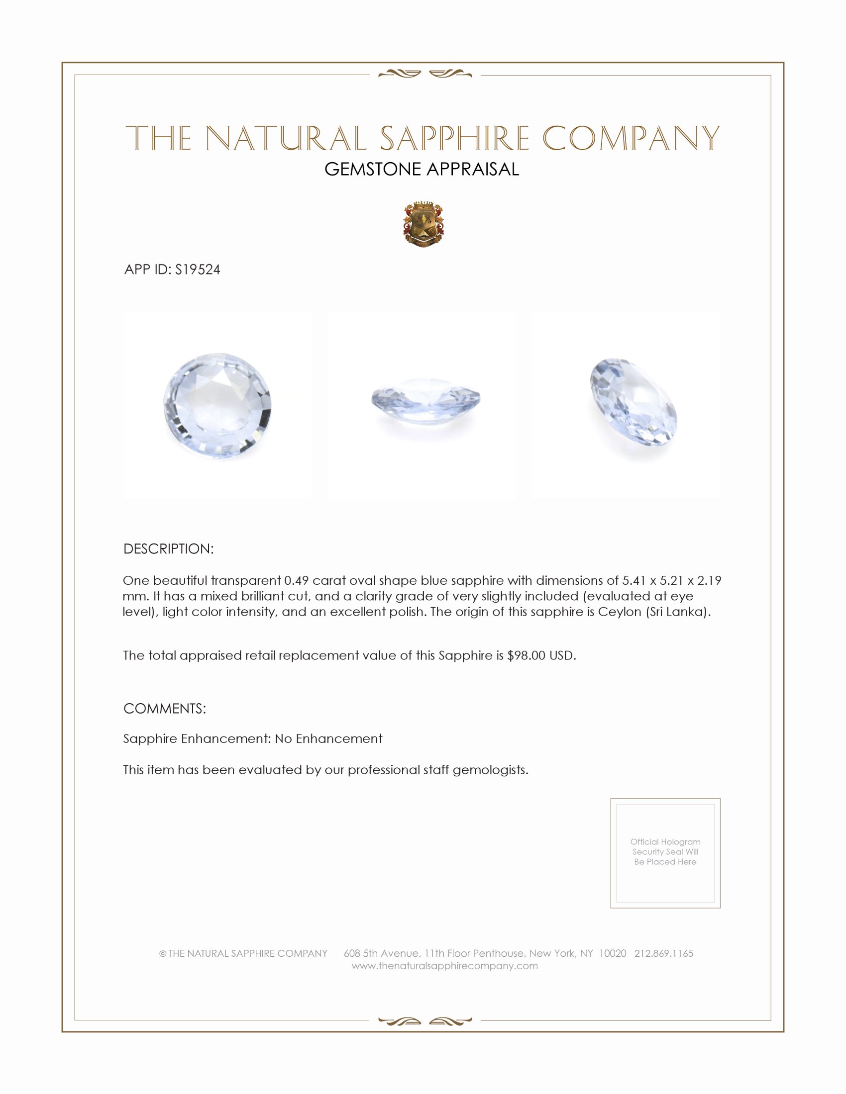 0.49 Ct. Blue Sapphire from Ceylon (Sri Lanka)