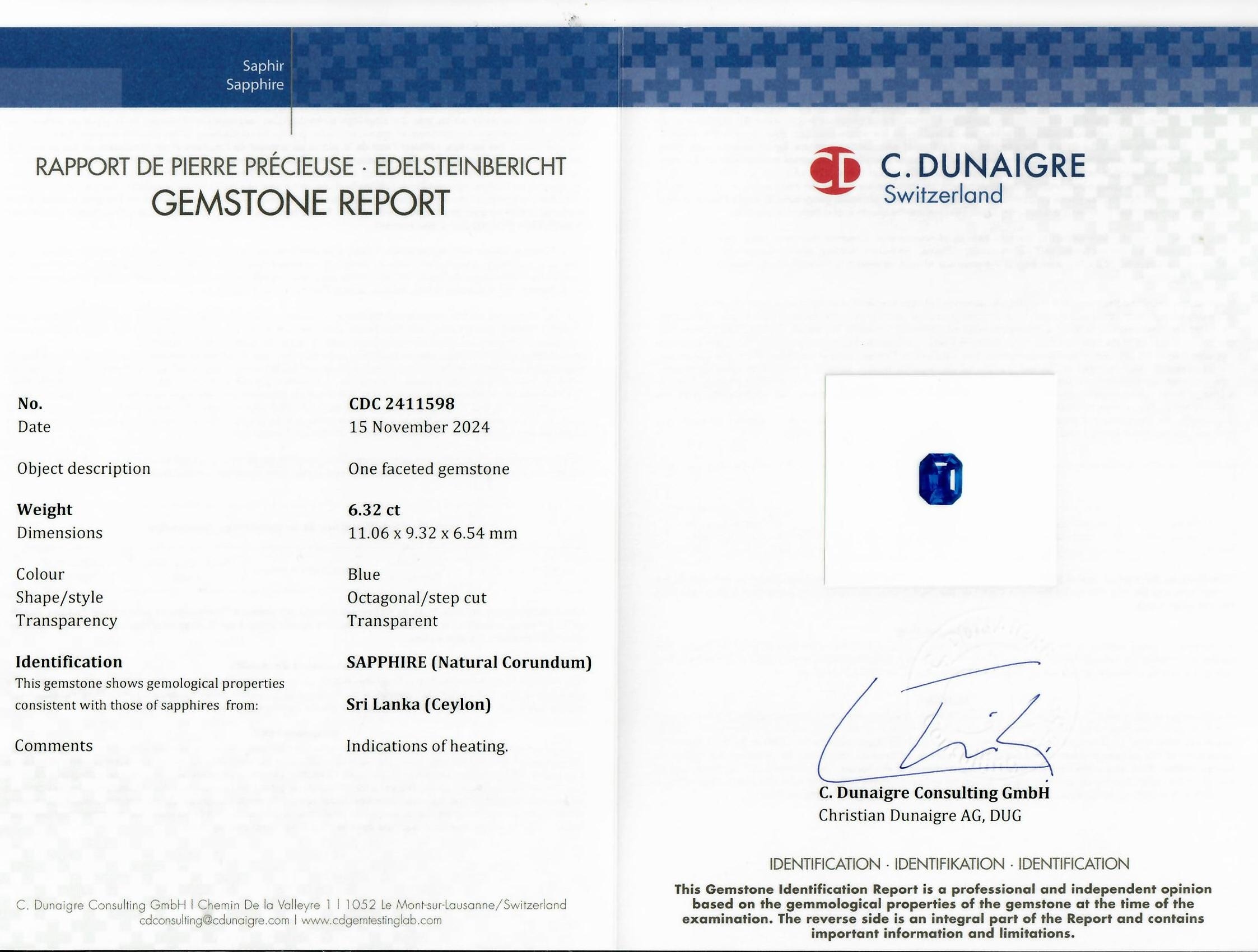 6.32 Ct. Blue Sapphire from Ceylon (Sri Lanka)