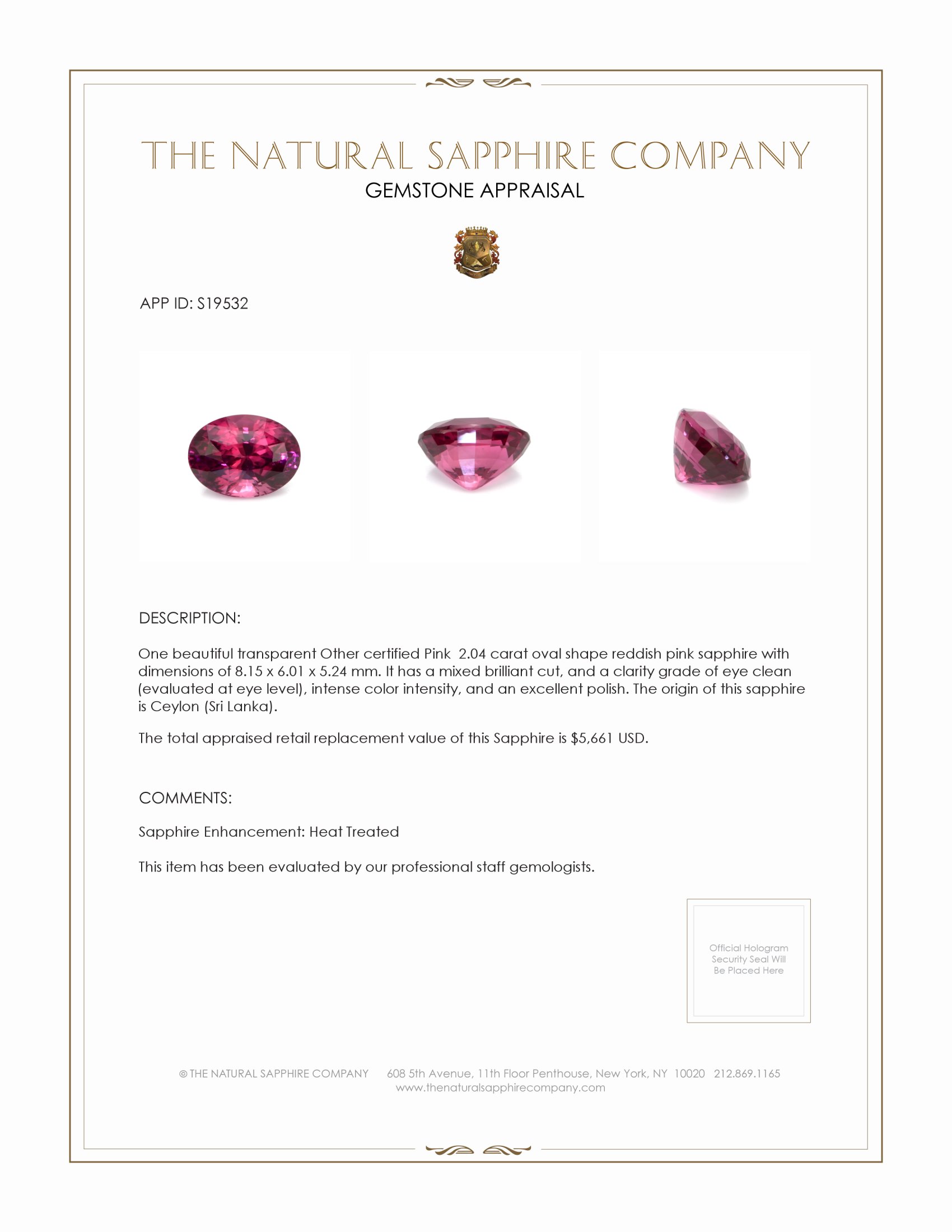 2.04 Ct. Reddish Pink Sapphire from Ceylon (Sri Lanka)