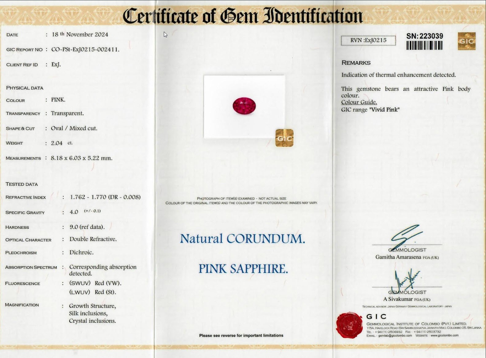 2.04 Ct. Reddish Pink Sapphire from Ceylon (Sri Lanka)