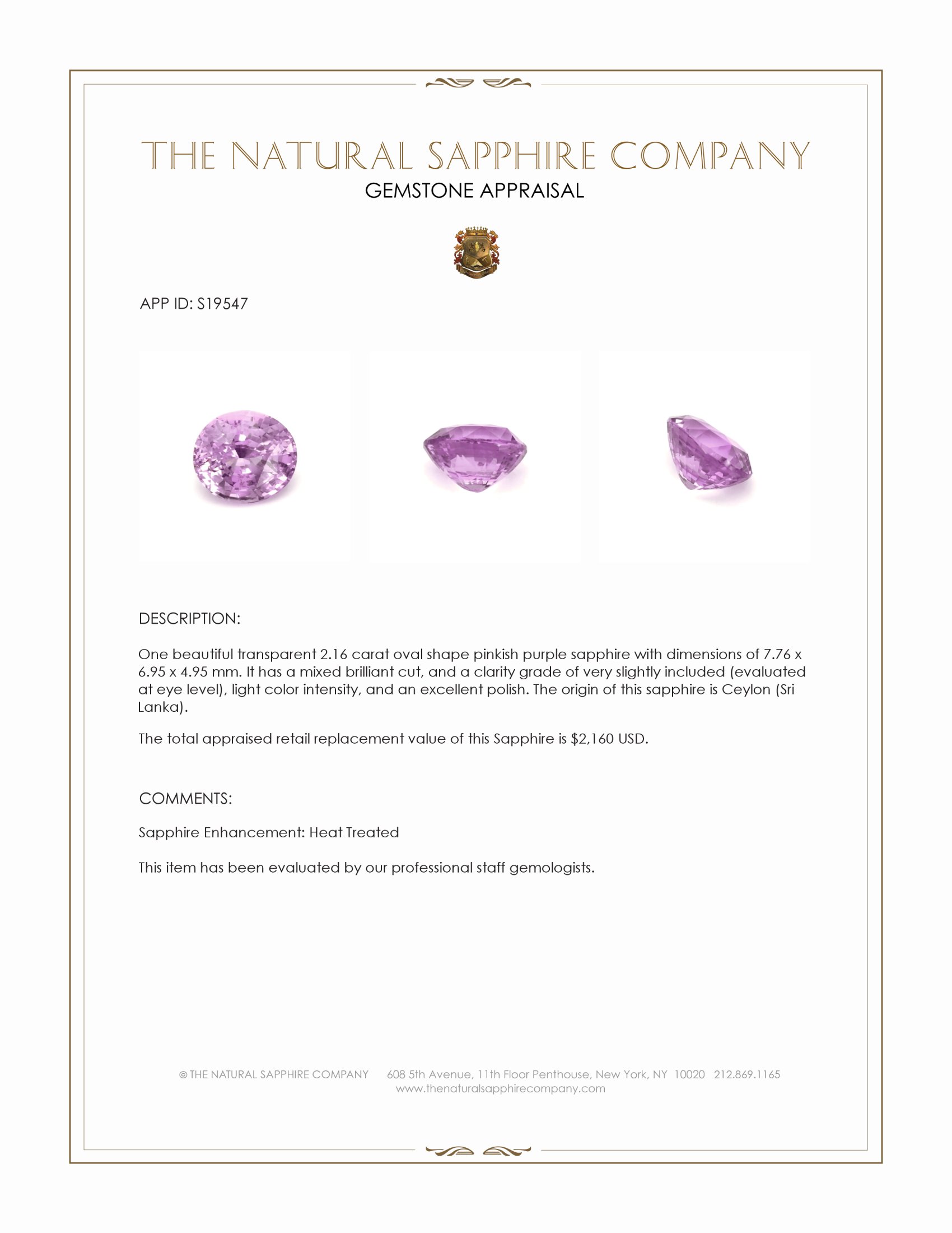 2.16 Ct. Pinkish Purple Sapphire from Ceylon (Sri Lanka)