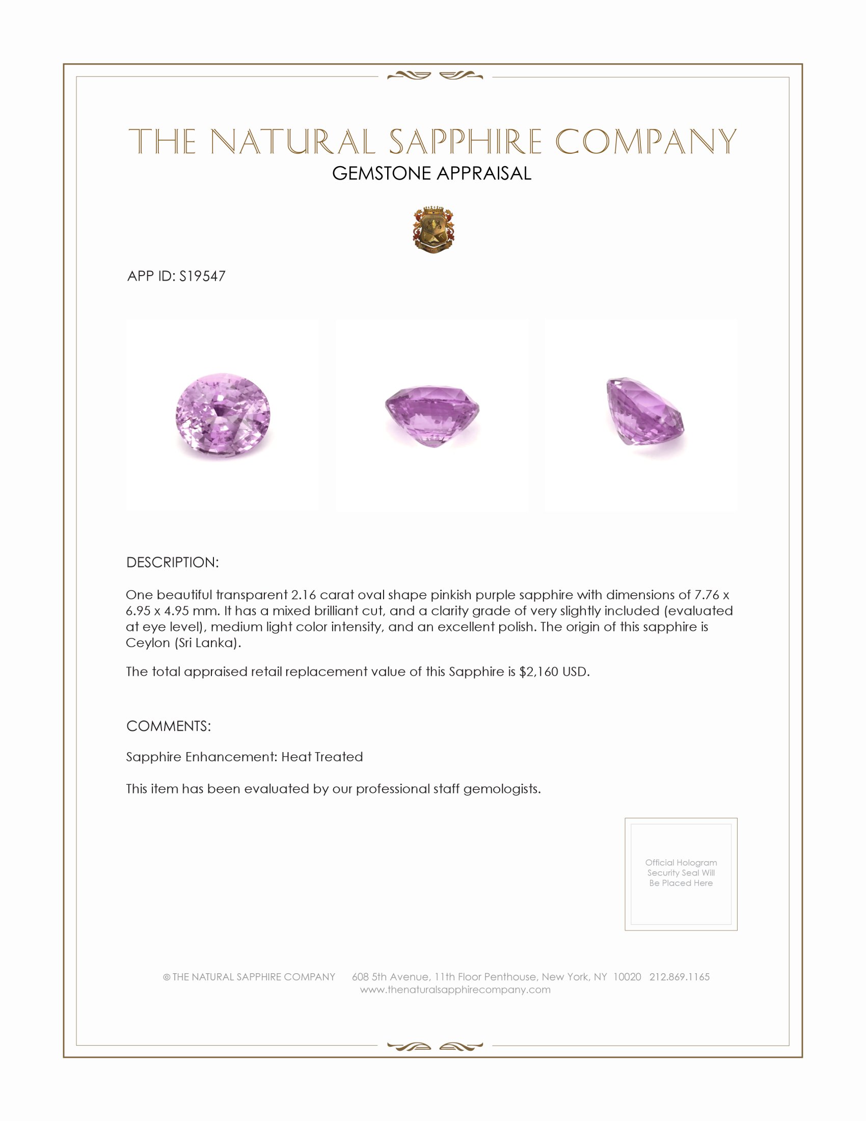 2.16 Ct. Pinkish Purple Sapphire from Ceylon (Sri Lanka)