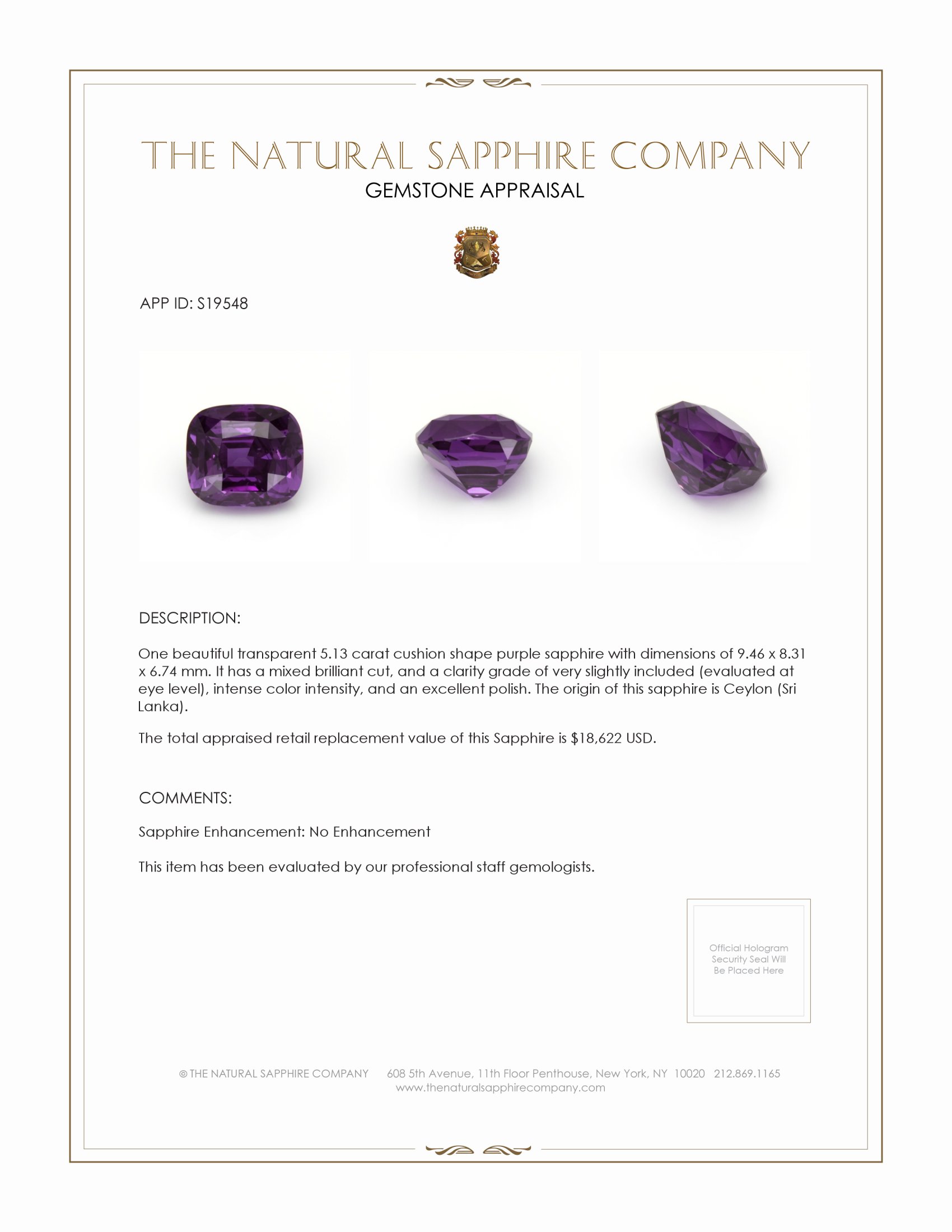 5.13 Ct. Purple Sapphire from Ceylon (Sri Lanka)