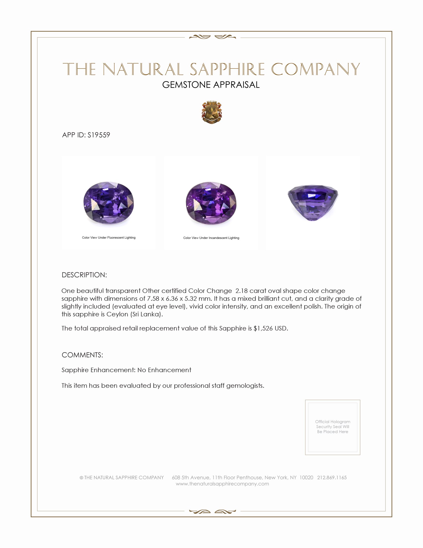 2.18 Ct. Color Change Sapphire from Ceylon (Sri Lanka)