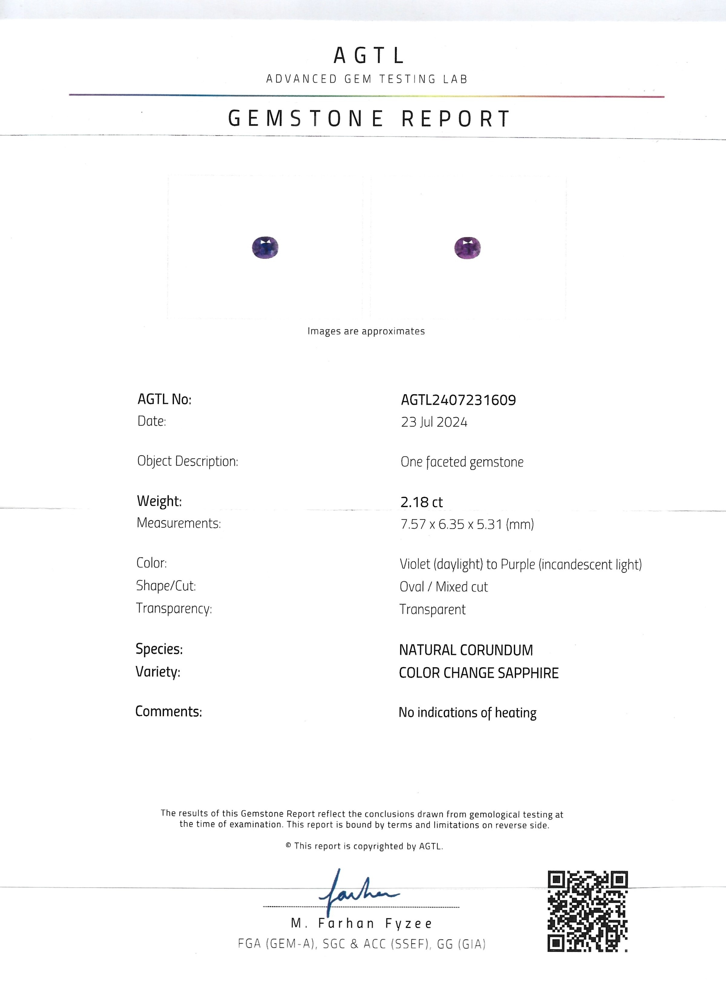 2.18 Ct. Color Change Sapphire from Ceylon (Sri Lanka)