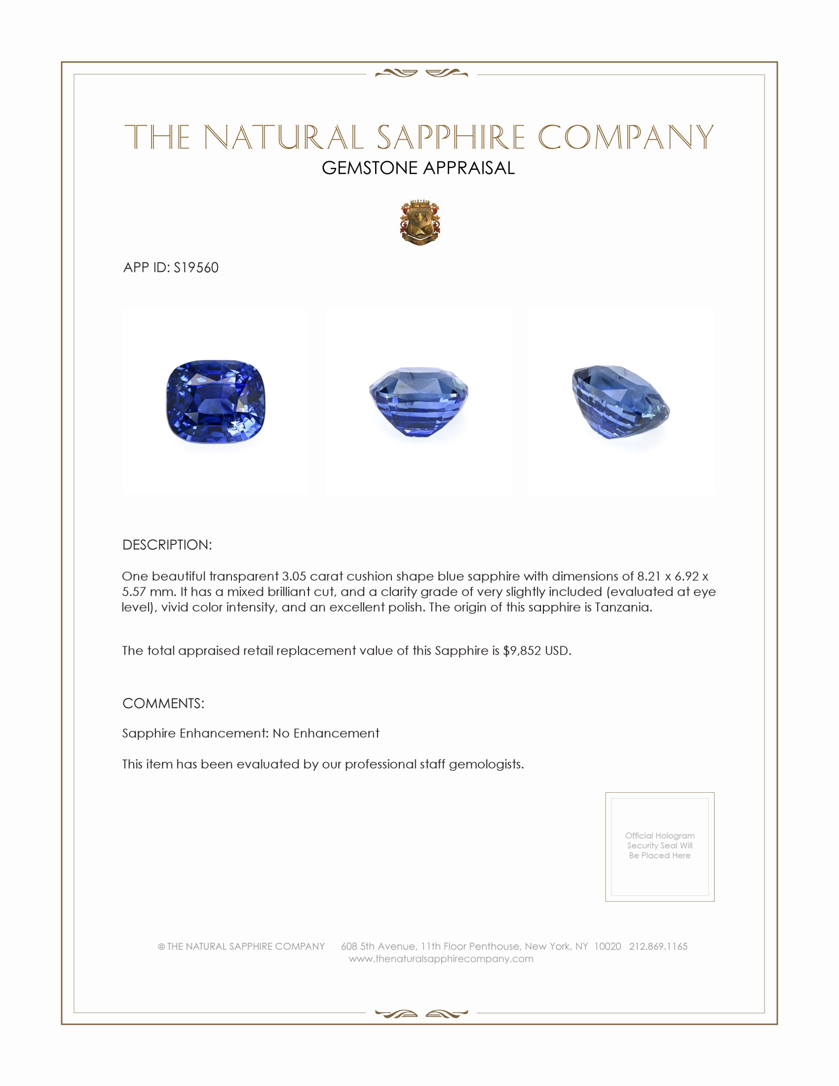 3.05 Ct. Blue Sapphire from Tanzania