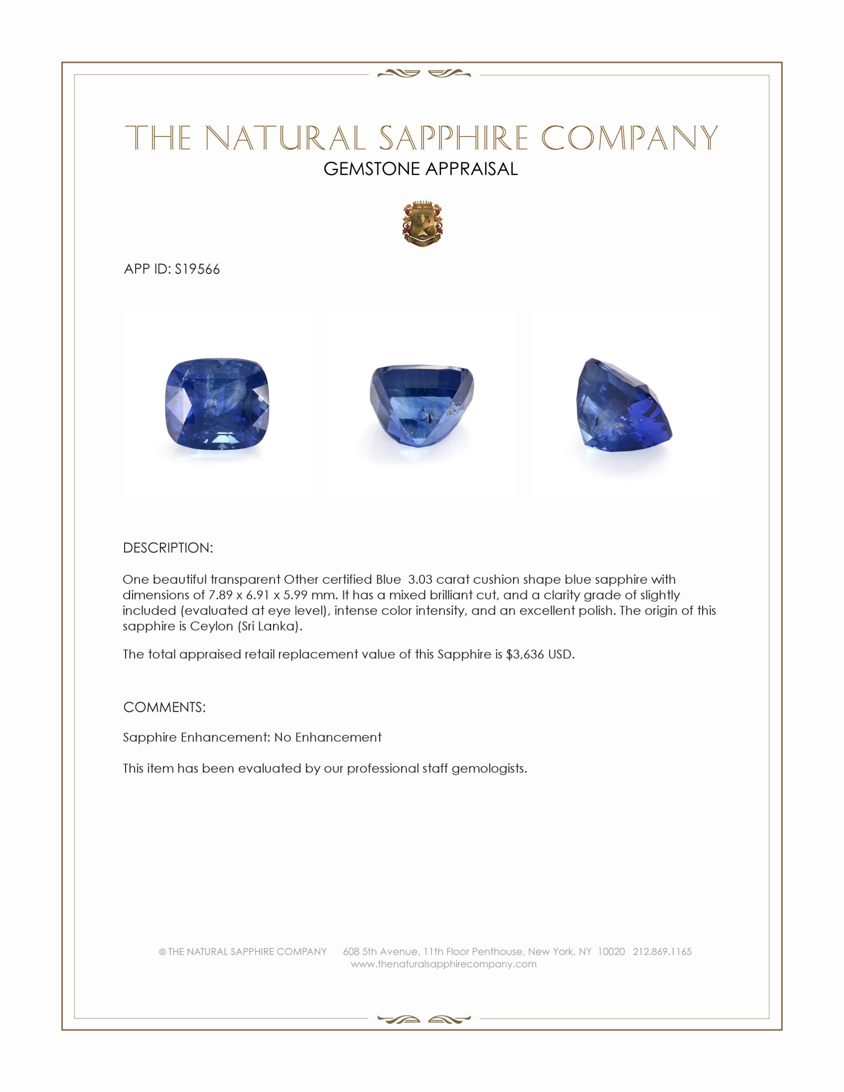 3.03 Ct. Blue Sapphire from Ceylon (Sri Lanka)
