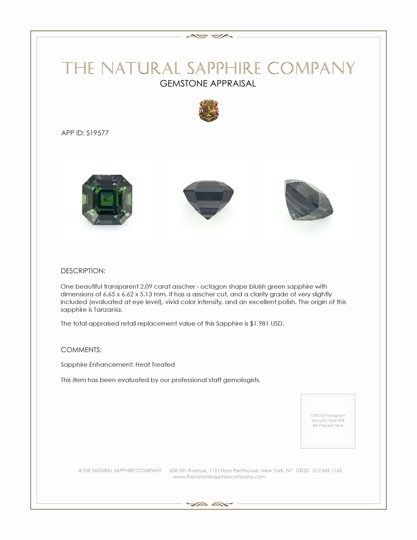 2.09 Ct. Bluish Green Sapphire from Tanzania