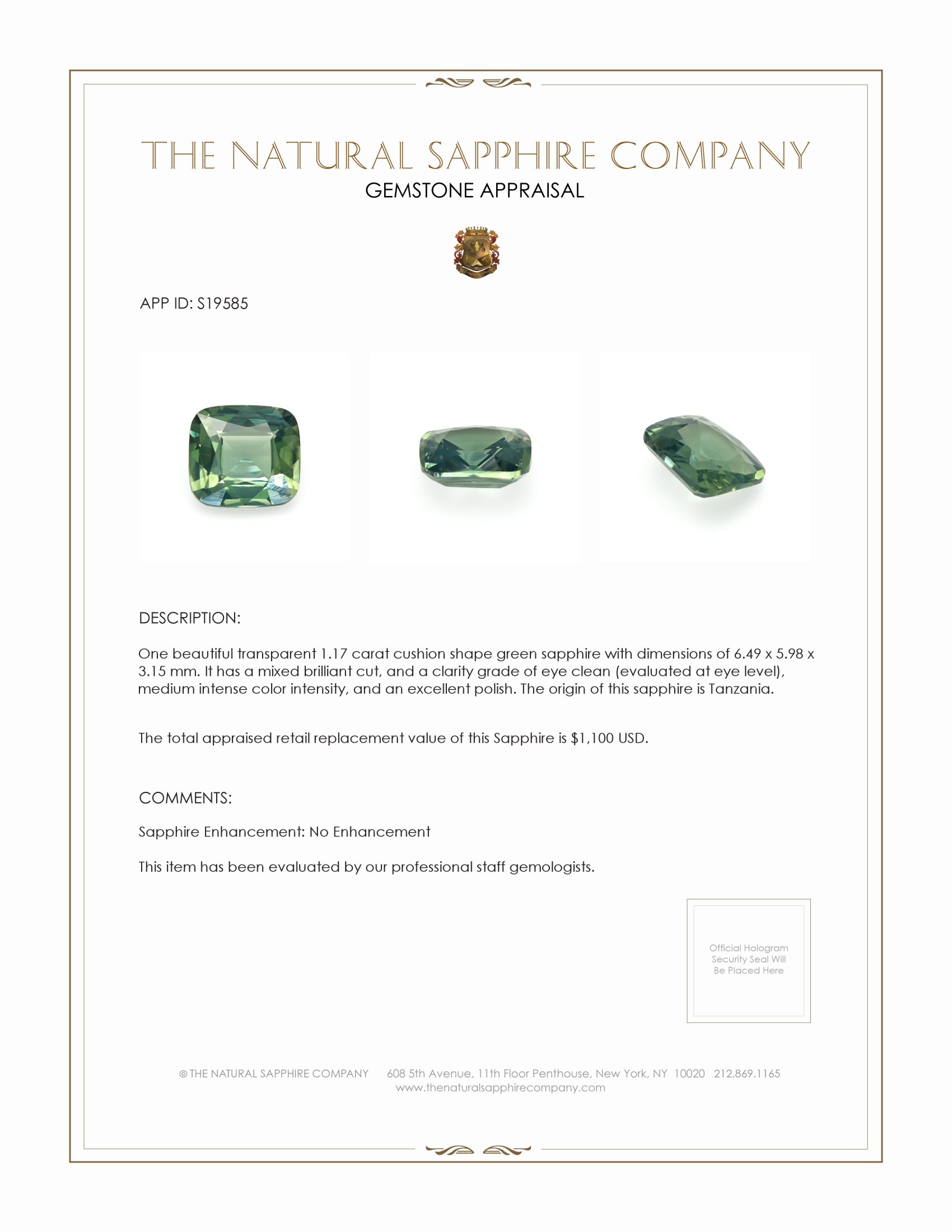 1.17 Ct. Green Sapphire from Tanzania