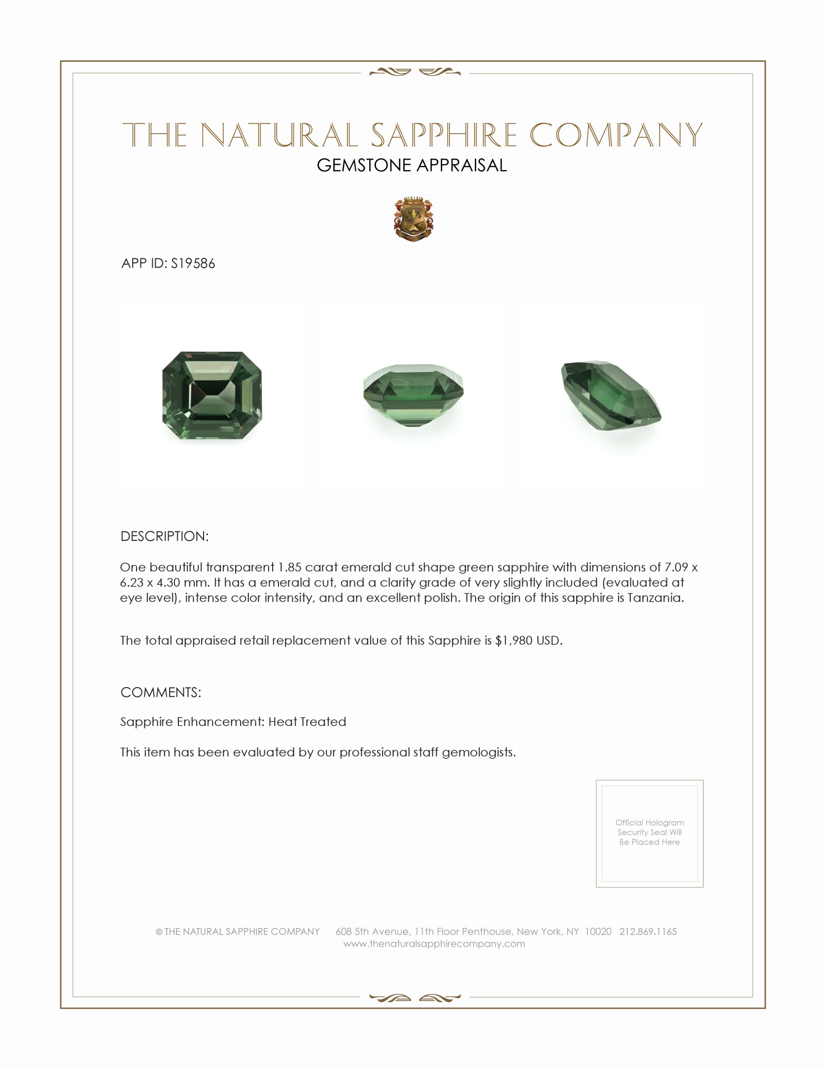 1.85 Ct. Green Sapphire from Tanzania