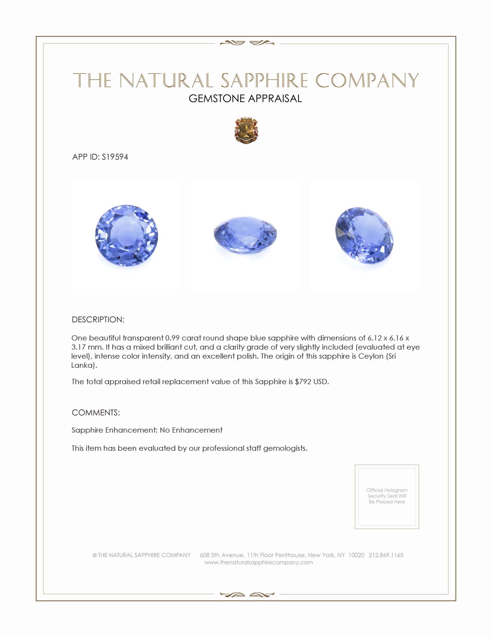 0.99 Ct. Blue Sapphire from Ceylon (Sri Lanka)