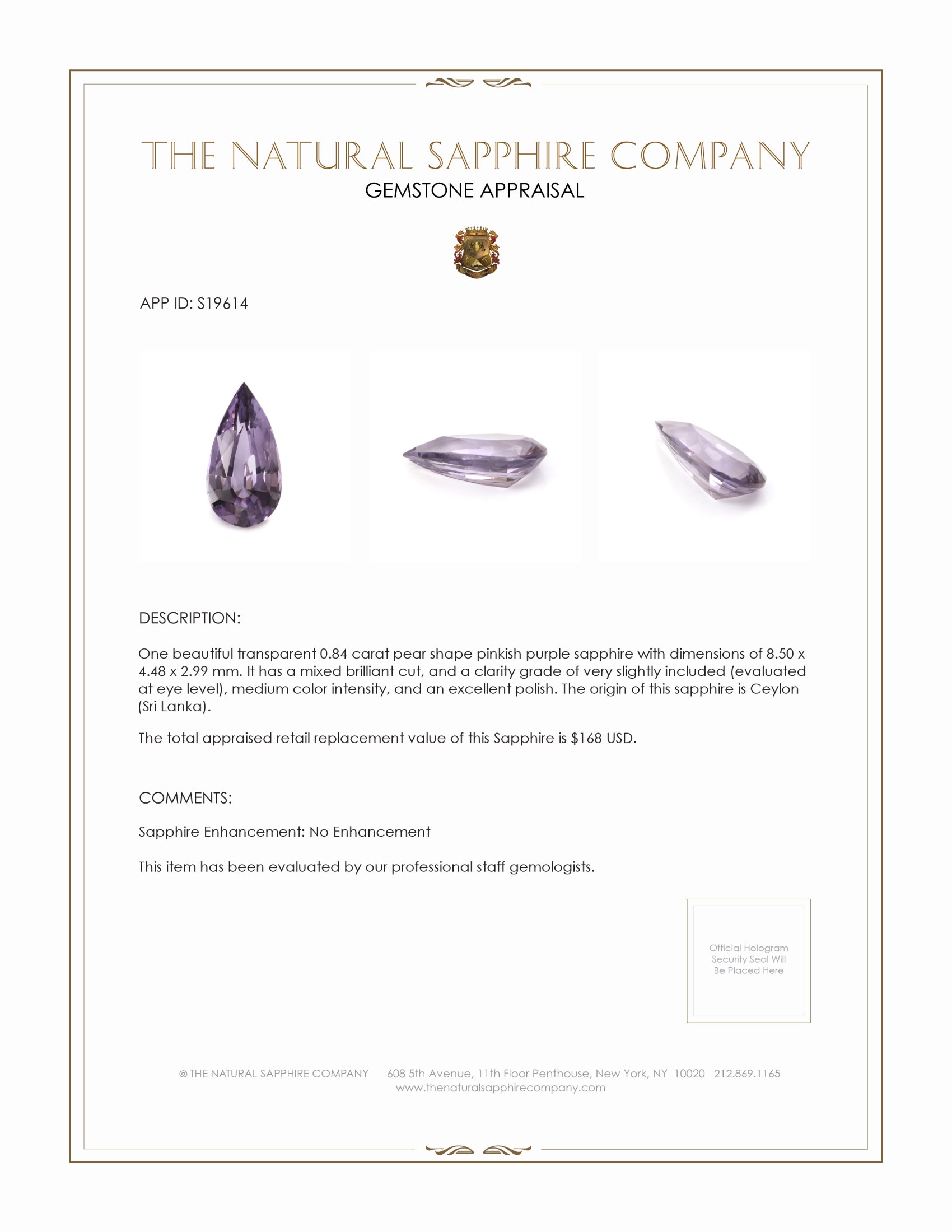 0.84 Ct. Pinkish Purple Sapphire from Ceylon (Sri Lanka)