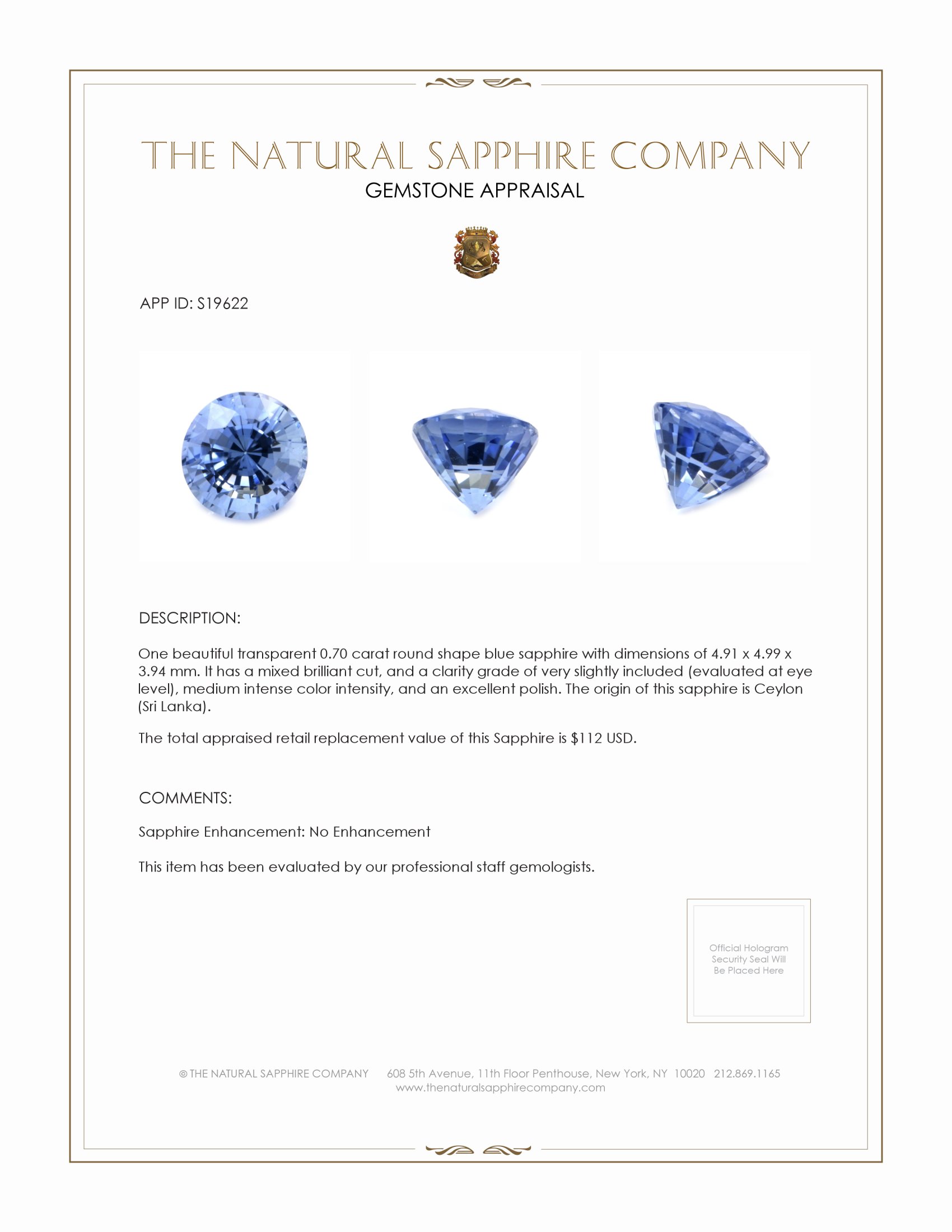 0.70 Ct. Blue Sapphire from Ceylon (Sri Lanka)