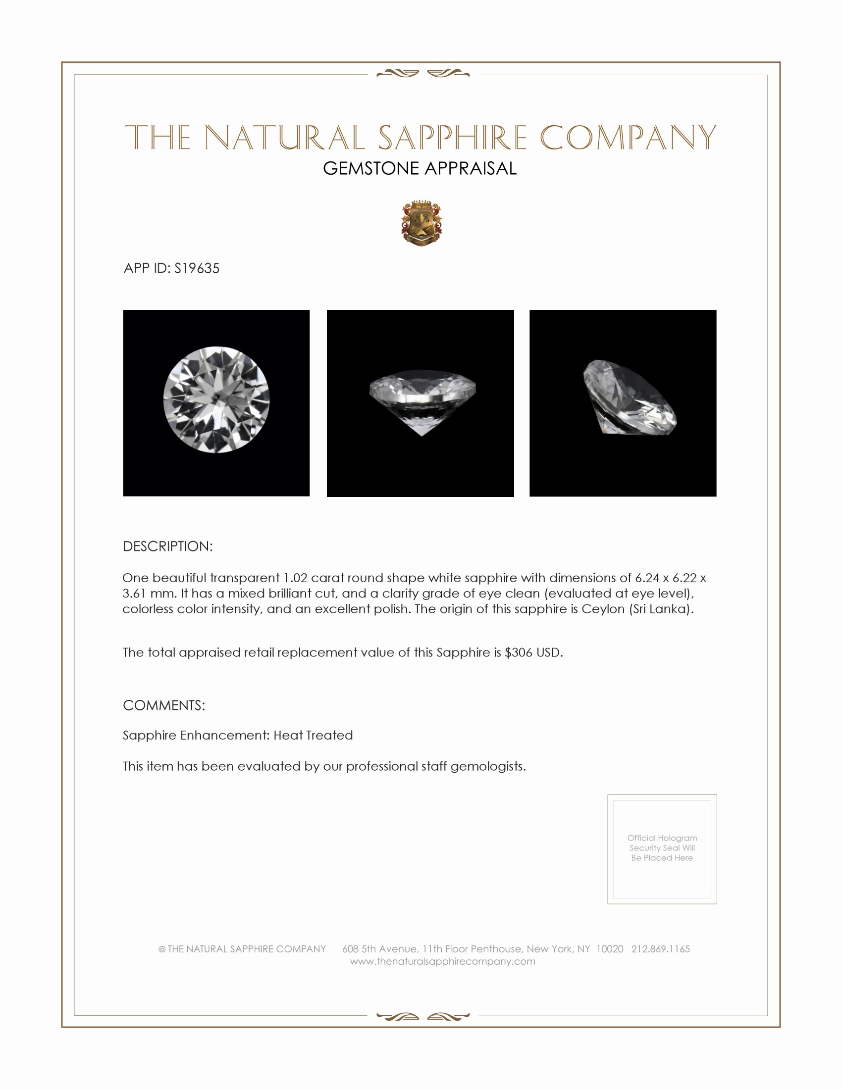 1.02 Ct. White Sapphire from Ceylon (Sri Lanka)