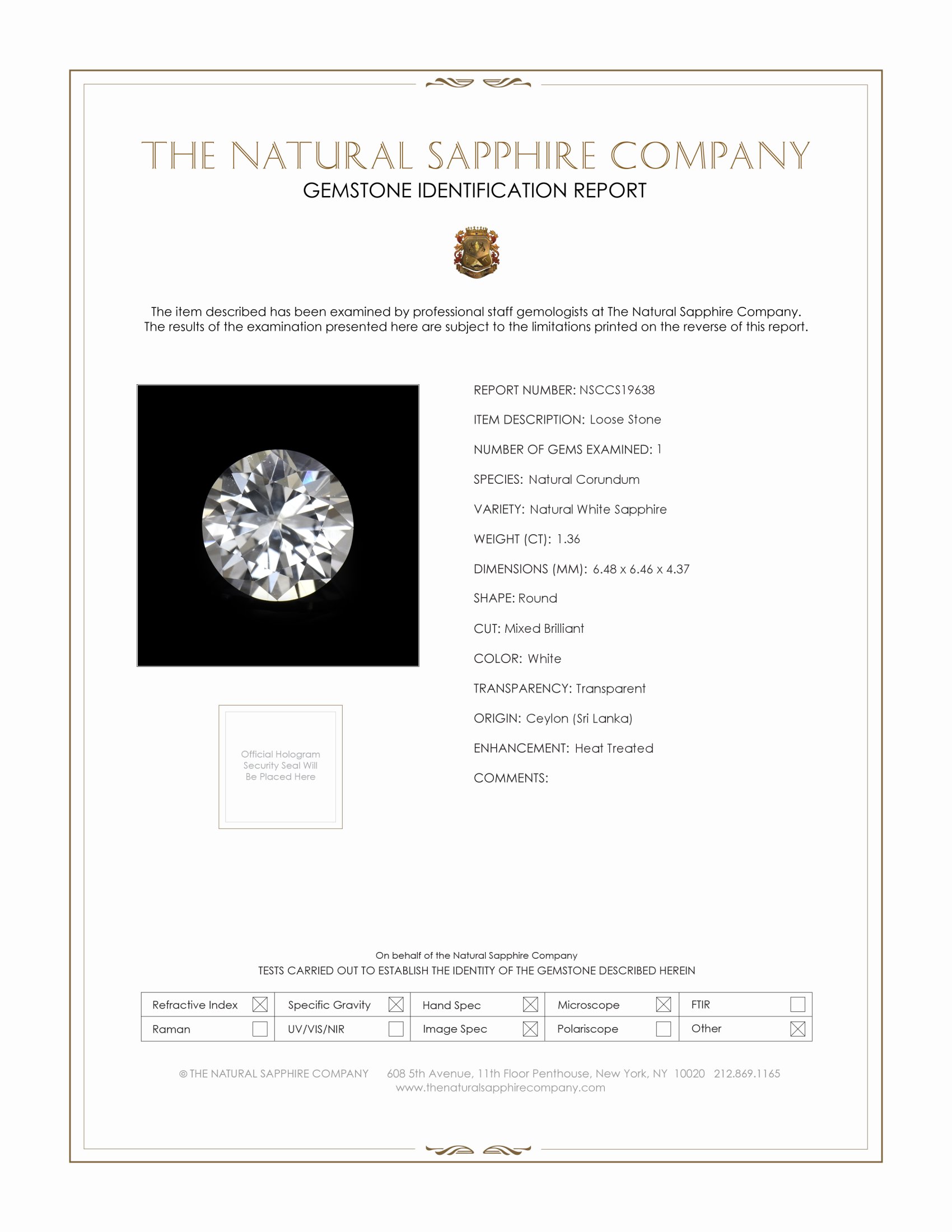 1.36 Ct. White Sapphire from Ceylon (Sri Lanka)
