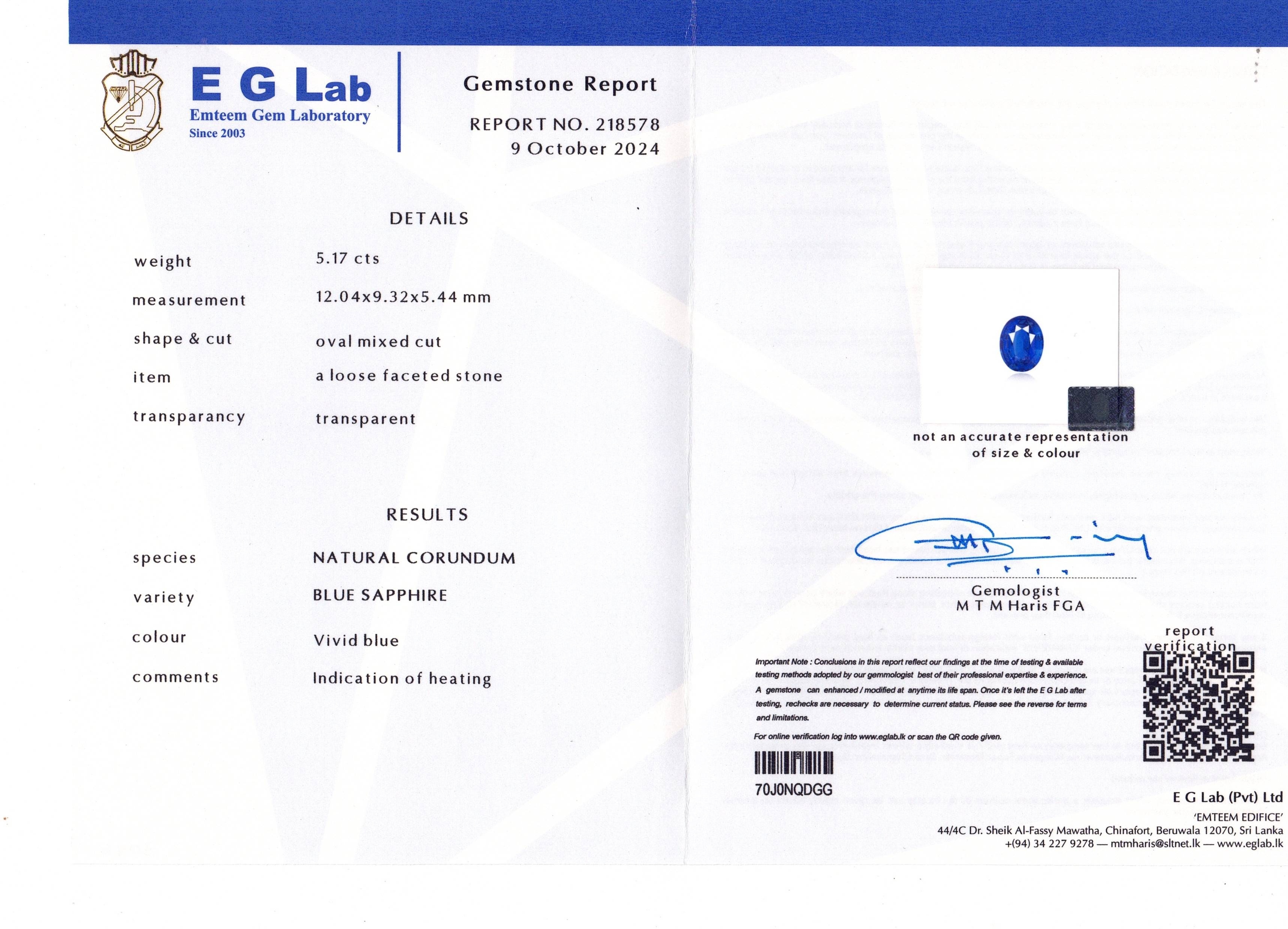 5.17 Ct. Blue Sapphire from Ceylon (Sri Lanka)