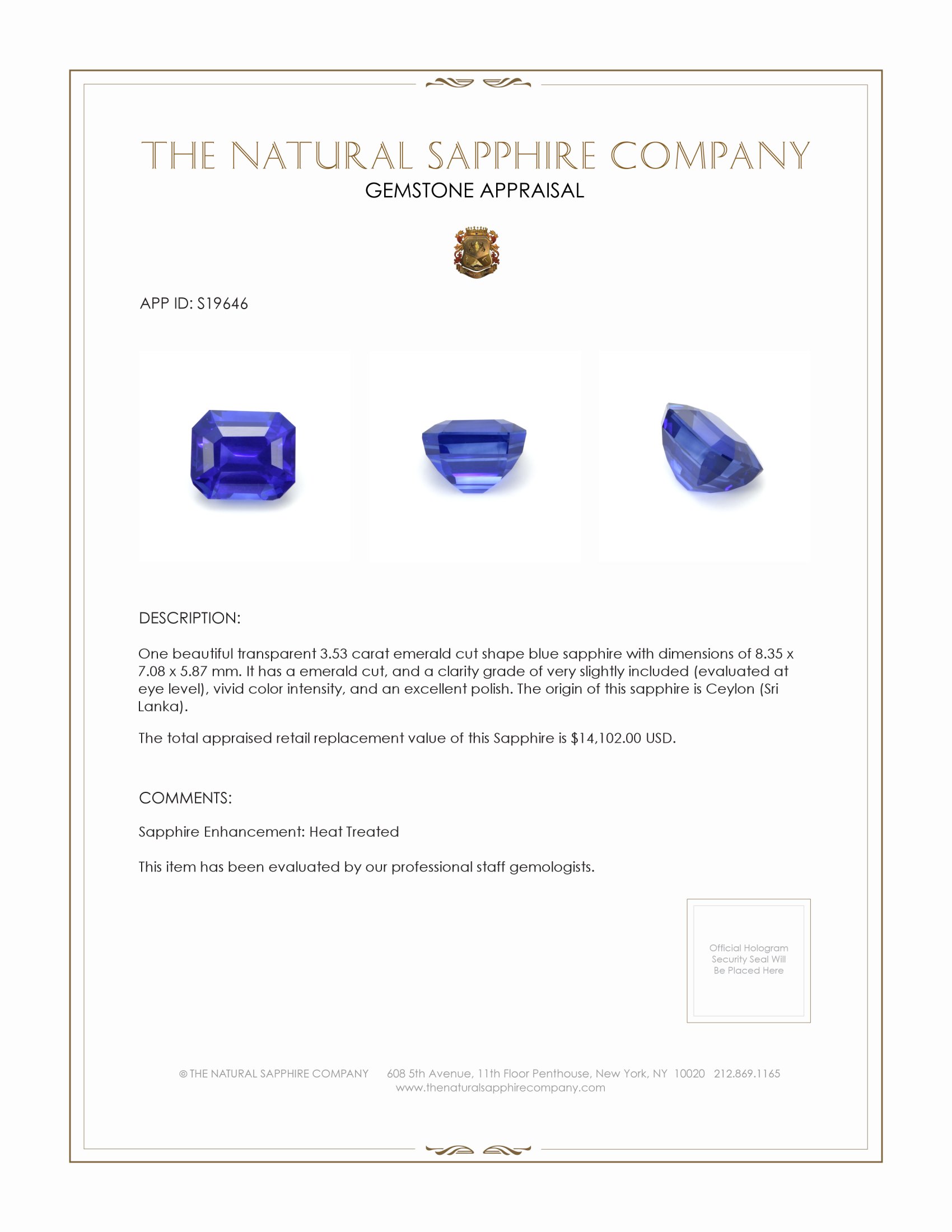 3.53 Ct. Blue Sapphire from Ceylon (Sri Lanka)